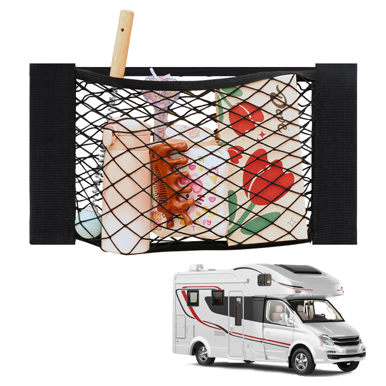 Photo 1 of 1pcs RV Cargo Storage Mesh Net,Elastic Stretchable Netting Pocket with 2 Adhesive Backing for Camper,Trailer,SUV,Truck (17.7 x 9.5 Inch)–Perfect for Holding Toiletries, Kitchen Supplies,Travel Essenti
