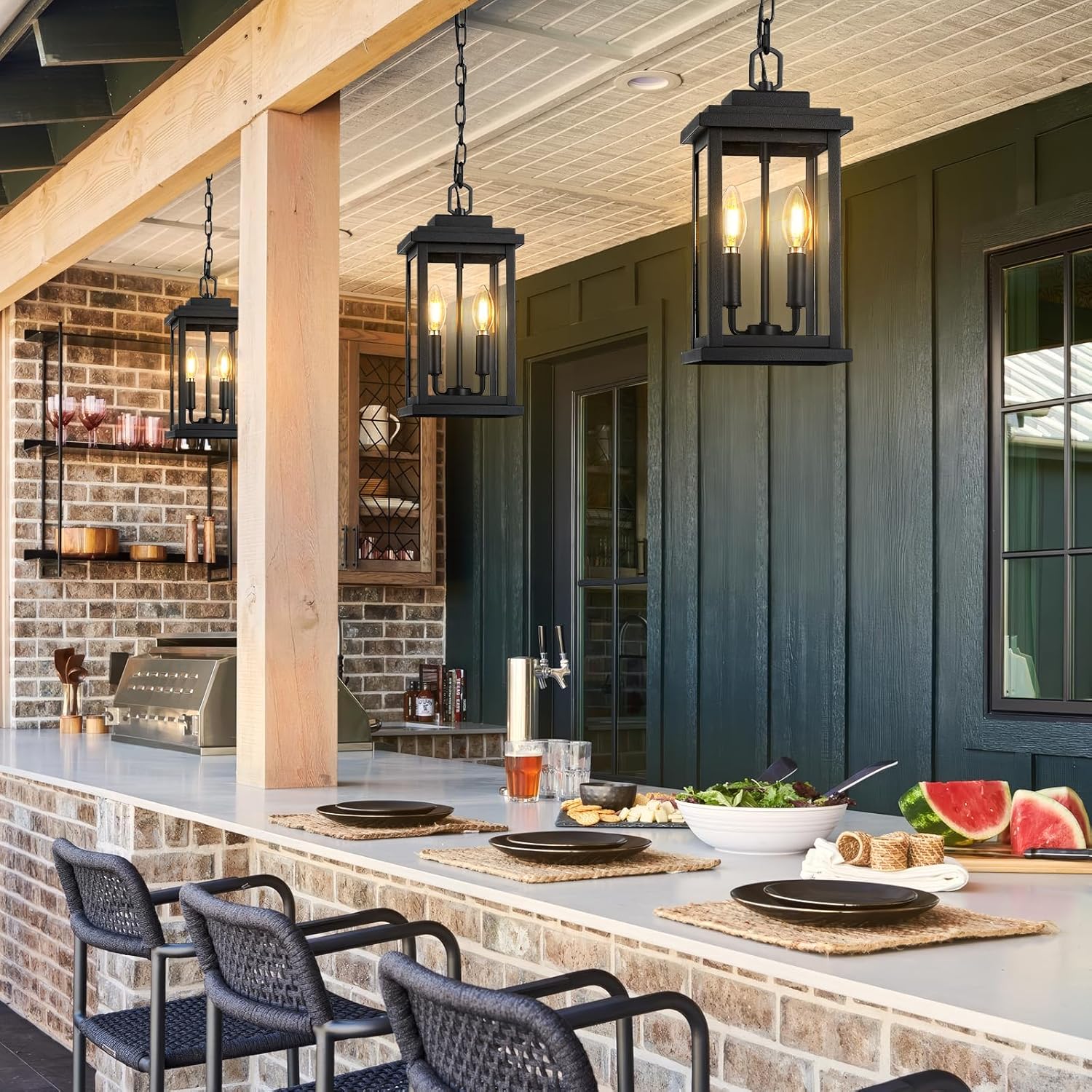 VIANIS 2-Light Large Black Outdoor Pendant Lights for Porch, Exquisite Hanging Porch Light, E12 Bulbs*2 Outdoor Pendant Lights for House, Doorway, Waterproof, Anti-Rust, 100% Aluminum