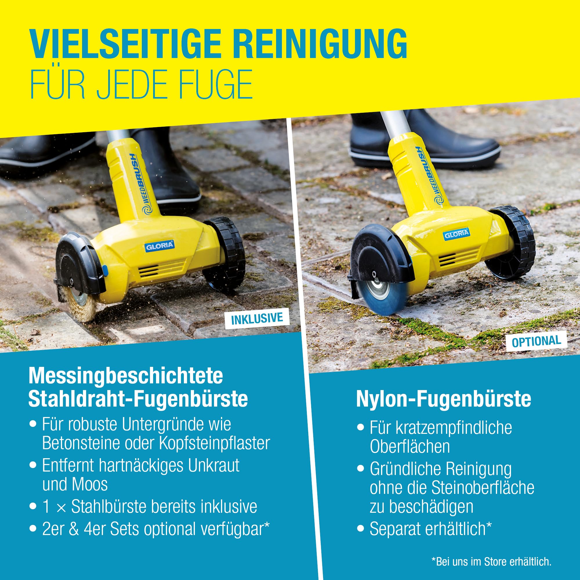 GLORIA Fugenbürste WeedBrush | Elektrischer Unkrautvernichter & Fugenreiniger | Fugenkratzer für Pflasterfugen, Terrassenplatten & Wege | Kabelgebundene Unkrautbürste 230V inkl. Stahldraht-Bürste