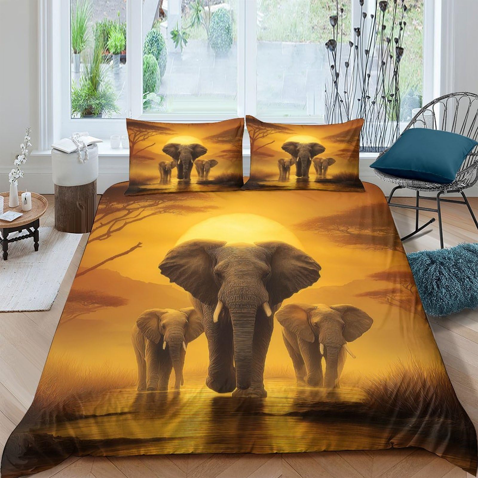 GPLZQXKJNH 3D Printed Sunset Elephant Duvet Cover Microfiber Soft Breathable Savannah Quilt Cover Set with 2 Pillowcases for Bedroom Decor Single（135x200cm）