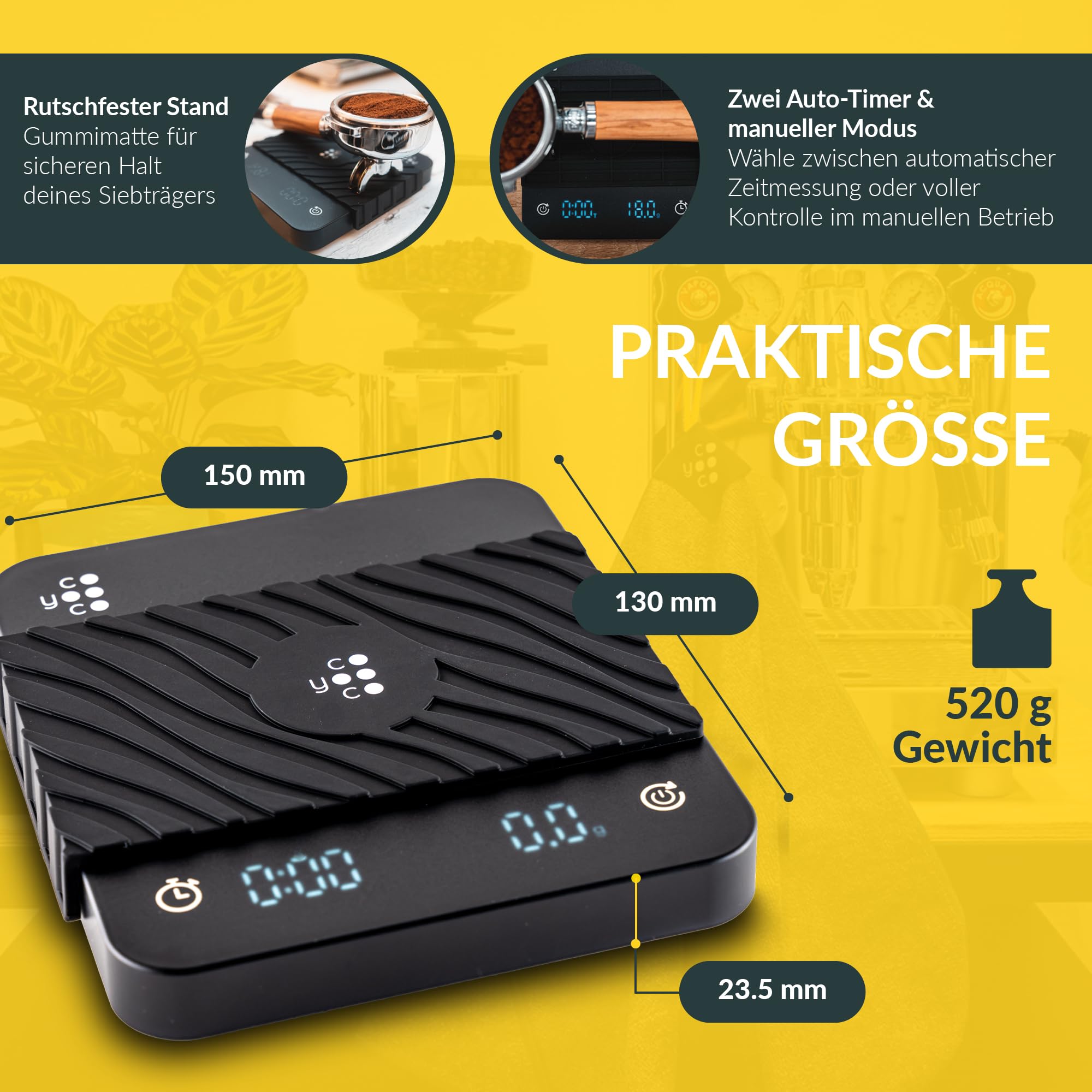 COYOOCO Kaffeewaage mit Timer - 0,1 g Präzision bis 2 kg - spritzwassergeschützte Espresso Waage für Siebträger - 3 Programme & USB-C Schnellladen - Barista Waage inkl. Zubehör