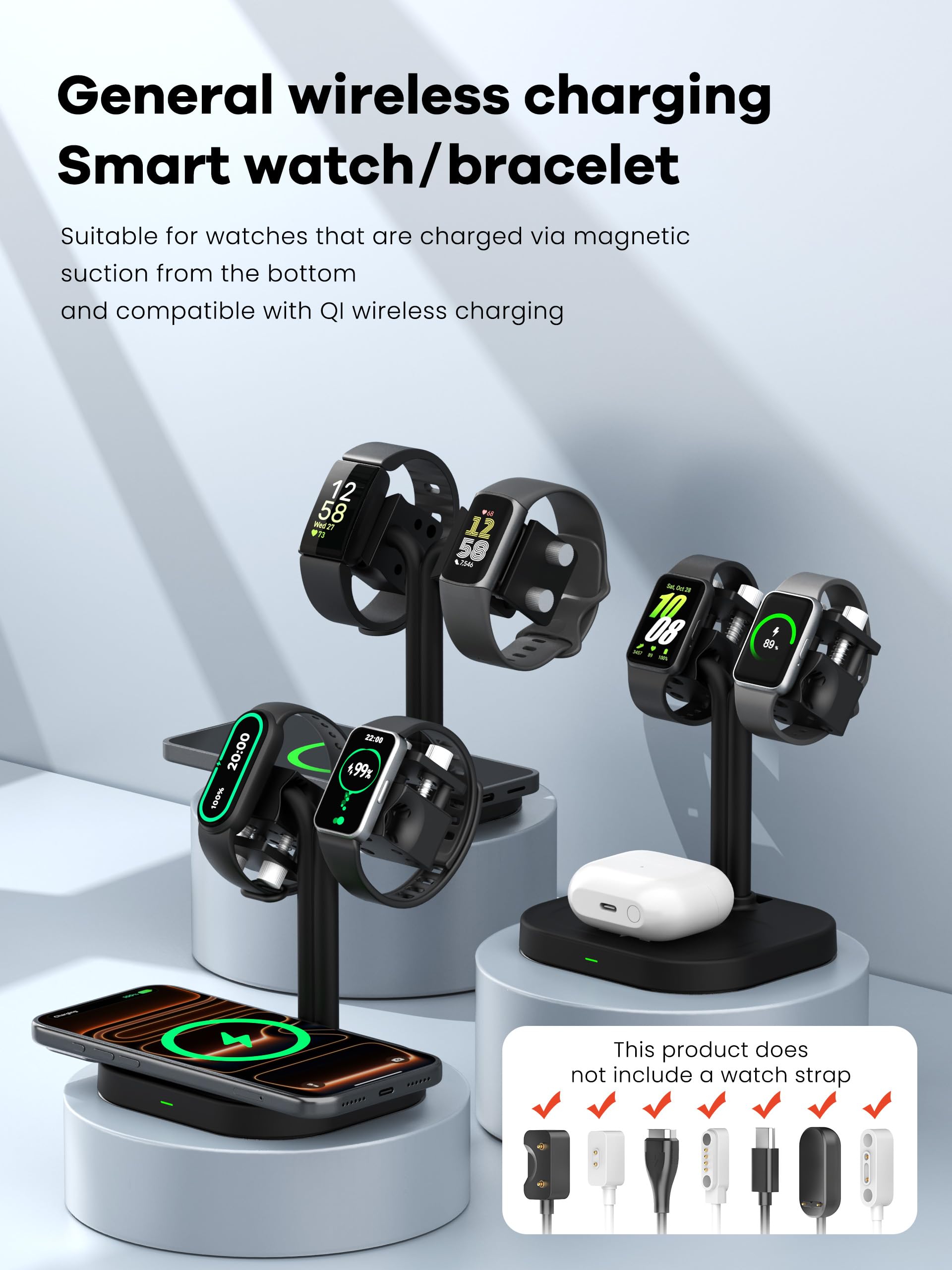 Station de chargement sans fil universelle 3 en 1 réglable pour montre connectée - Pour Samsung / AGPTEK / Fitbit / Xiaomi / FITVII / RUIMEN/Amazfit / Fitpolo - Base de montre (33SW-B)