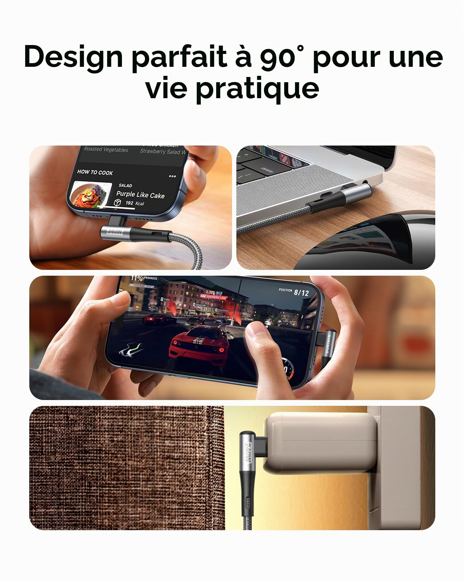 Silkland Câble USB C vers USB C Court 30CM Coudé [240W 48V/5A], PD3.1&QC4.0+ Câble USBC Charge Rapide 90 Degrés pour Android Auto, iPhone 17/16/15, Samsung S25, MacBook Pro/Air, iPad Pro/Mini, Pixel