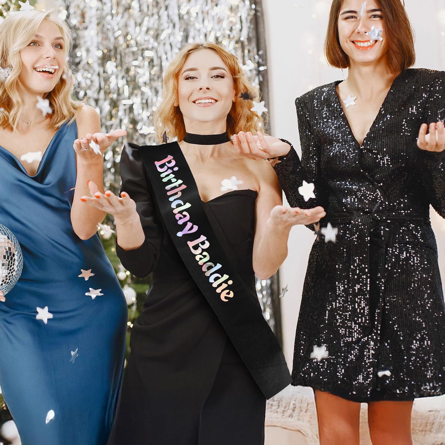 Birthday Baddie Sash, Soft Glitter Satin Black Happy Birthday Boy Girl Sash with Multicolor Foil for Women Girls Men Party Decorations Supplies