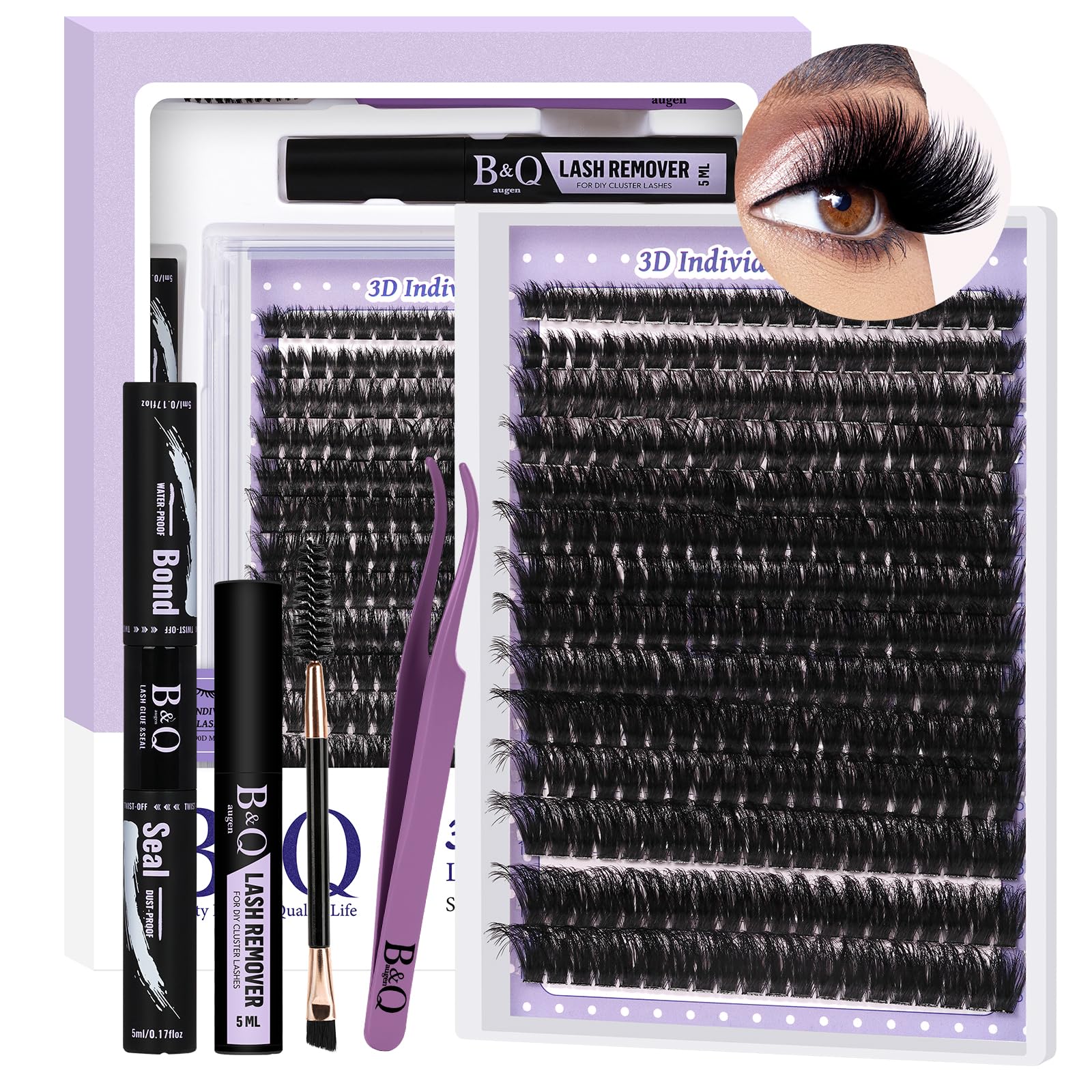 Lash Extension Kit 3D Thick Lash Clusters Kit 280pcs Eyelash Extension Kit 10-18mm 100D D Curl DIY Lash Extension Kit with Lash Bond and Seal, Lash