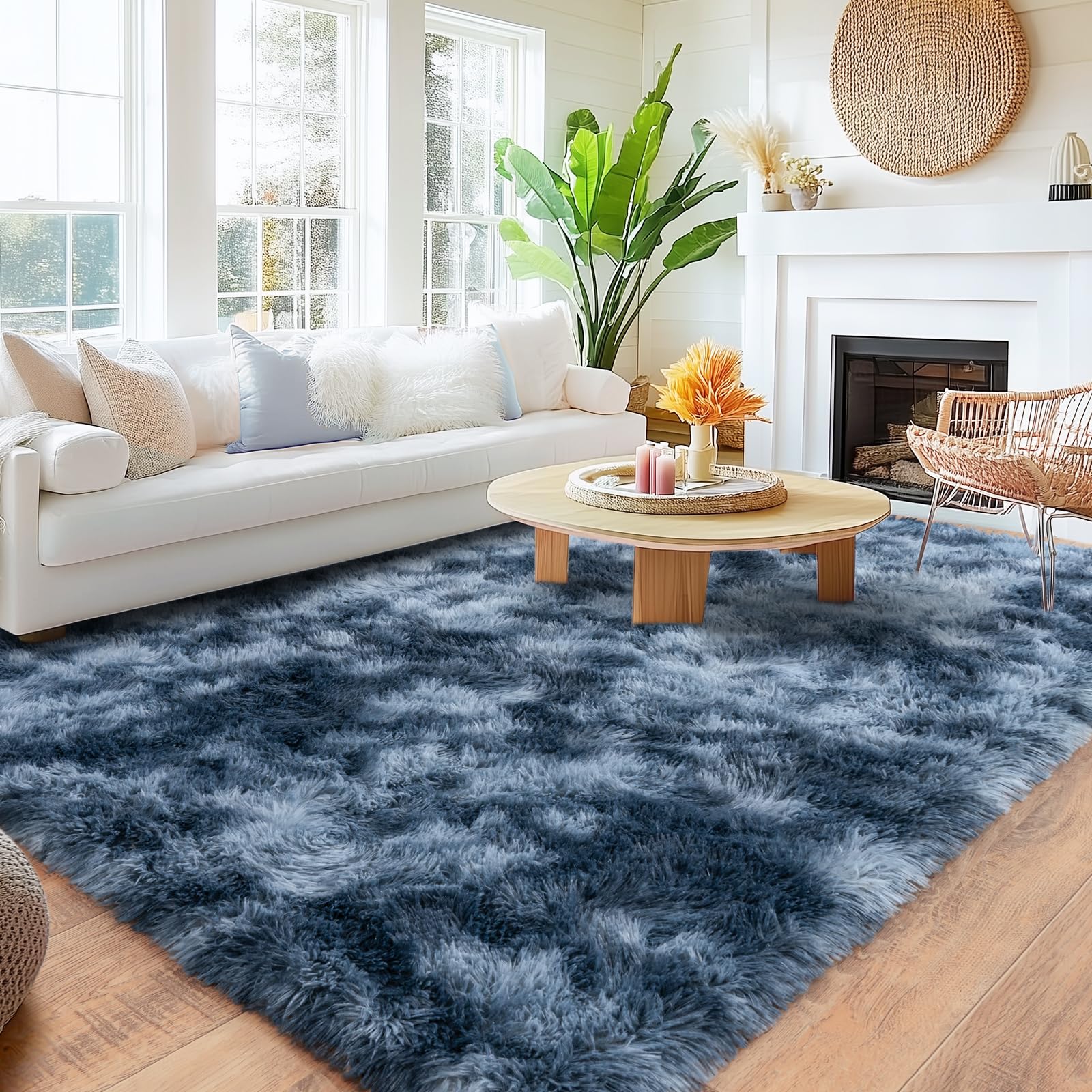 Quntue Large Area Rugs 10x14 Living Room, Ultra Fluffy Fuzzy Shag Rug for Bedroom, Modern Plush Soft High Pile Upgrade Non-Slip Carpet for Kids Girls and Boys Room Decor, Tie-Dyed Blue Grey