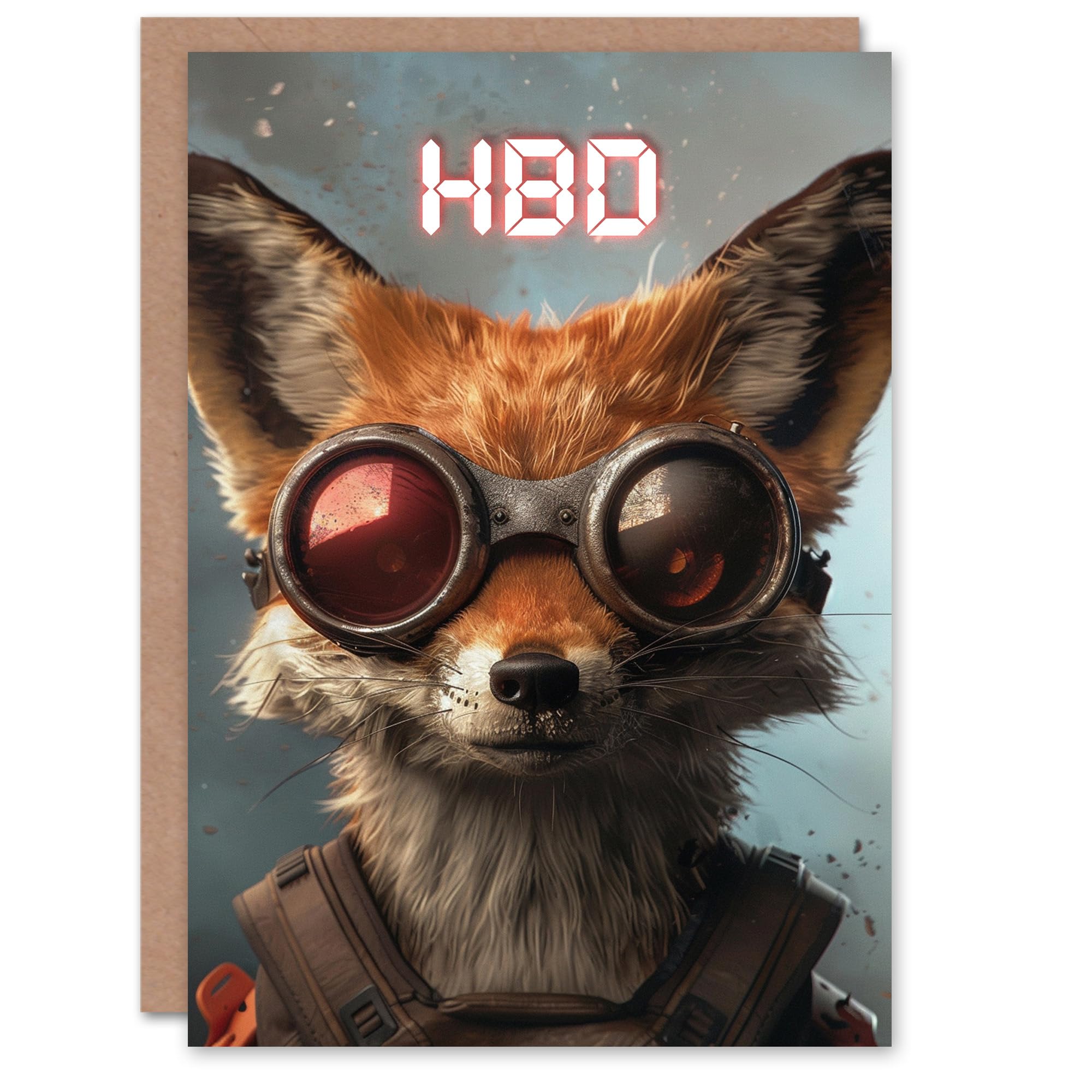 Artery8 HBD Atompunk Animal Red Fox With Goggles Blank For Him Or Her Art Birthday Card