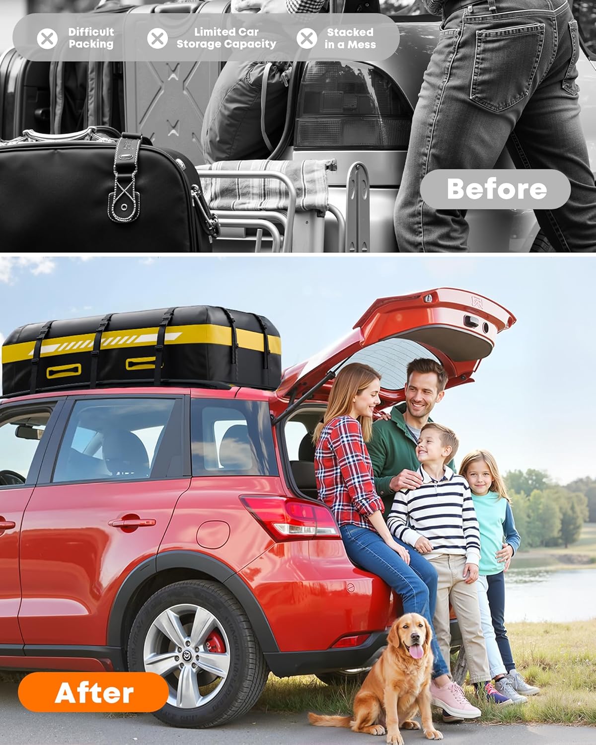 21 Cubic Feet Rooftop Cargo Carrier Bag, Waterproof Zip Soft Roof Top Cargo Bag with Anti-Slip Mat, Luggage Lock, 2 Reflective Strips, 6 Door Hooks, Storage Bag, for All Cars with/Without Rack