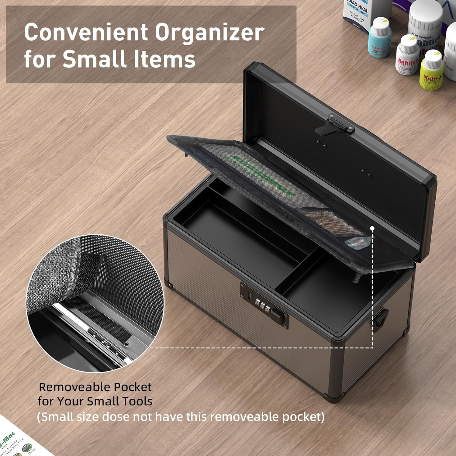 Medicine Lock Box with Code, Locking Medicine Box with Removable Tray & Pocket Bag, Portable First Aid Box for Home, 14 * 8.85 * 7.5 Inch (Black)