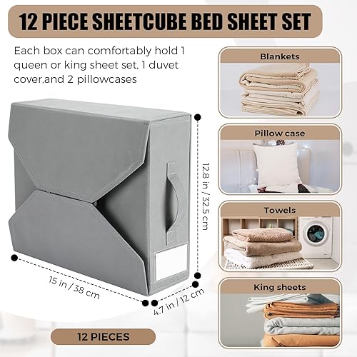 Miniatura 2 de Hushee Paquete de 12 organizadores de sábanas plegables, juego de sábanas XL (tamaño Queen o King) organizador de ropa de cama, contenedor de ropa