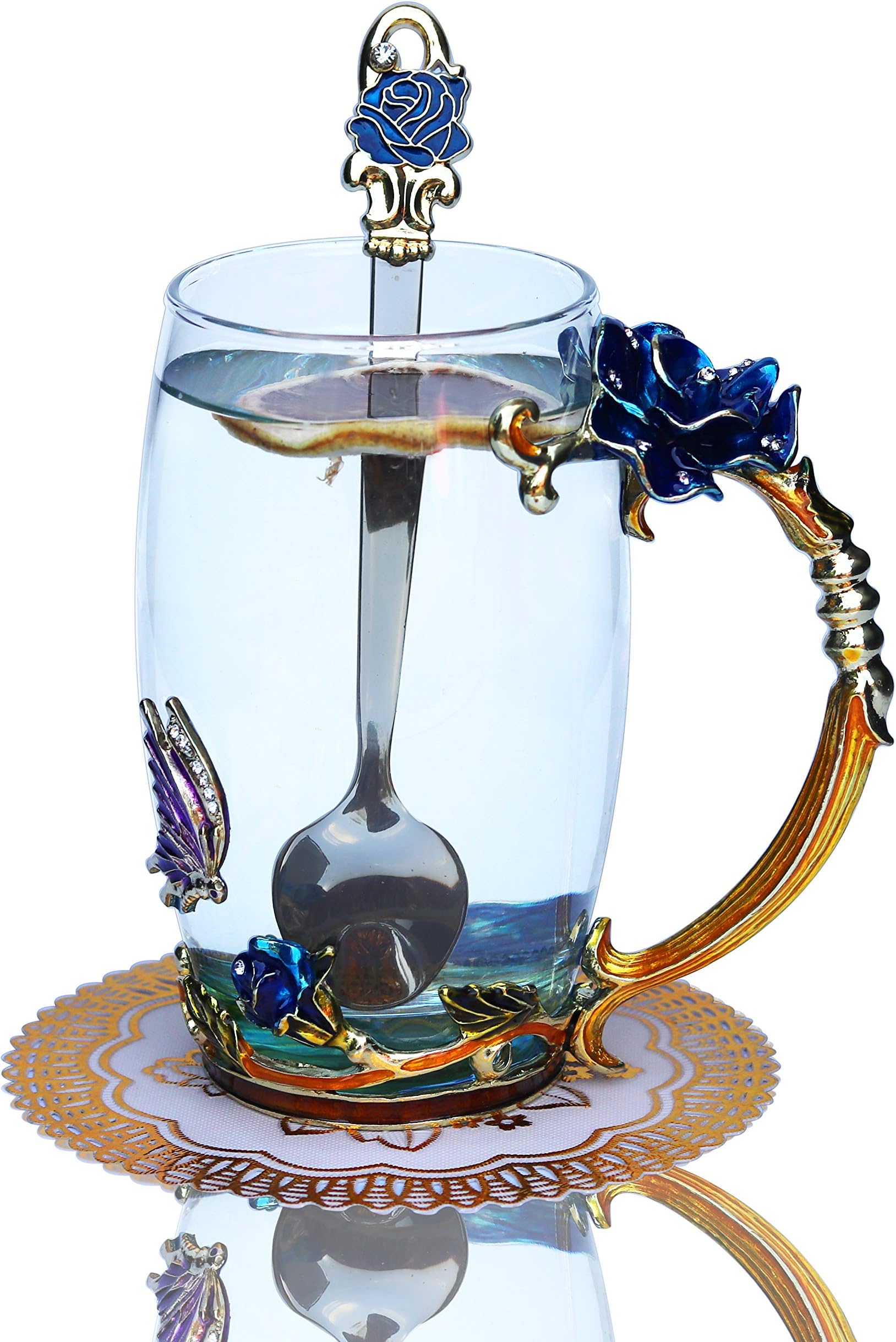 Clear Blue Butterfly Enamel Tea Cup with Handle Handmade Coffee Mug with Spoon for Mom Grandma Boss Friend (13.5 oz)