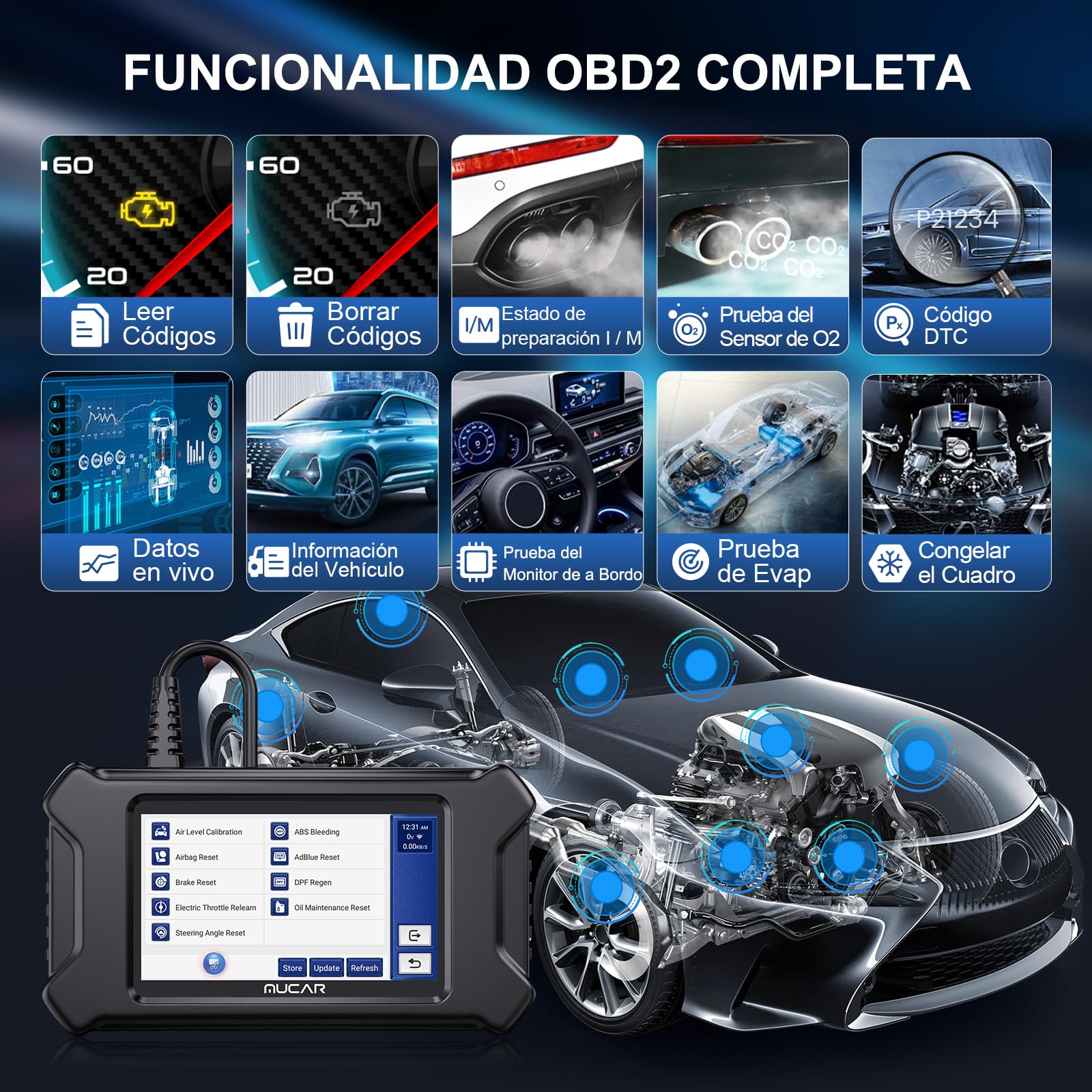 mucar OBD2 Diagnóstico, CS4 Diagnosis Coche Multimarca con 4 Sistemas (ABS/SRS/ECM/TCM) Y 5 Funciones de Reinicio (Reinicio de Aceite/EPB/SAS/TPMS/ETS), OBD2 Diagnosis para Actualización Gratuita