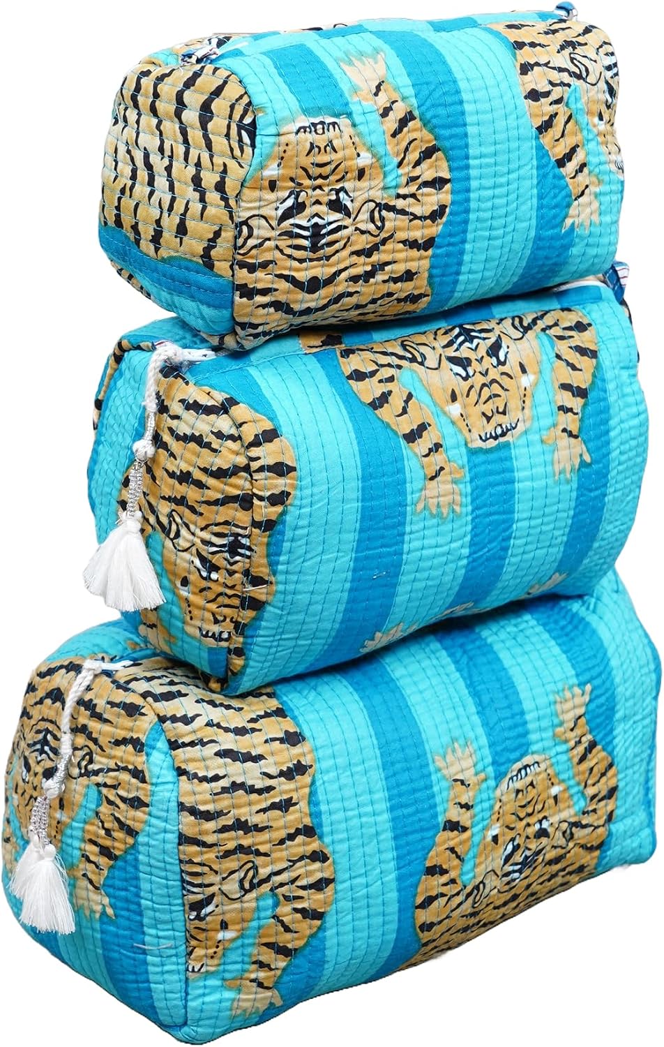 INDACORIFY Tiger Print Make Up Bag, Indian Large Toiletry Cosmetic Bags For Women's Makeup Pouch Washable Toiletry bag, Set Of 3 Quilted Toiletry Bags