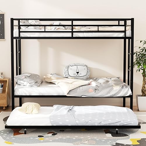 Shintenchi Twin Over Twins Size Bunk Bed with Trundle, Heavy-Duty Metal Frame, 2 Ladders & Full-Length Guardrail, Space-Saving Sleep Solution for Kids/Teens/Adults, Black