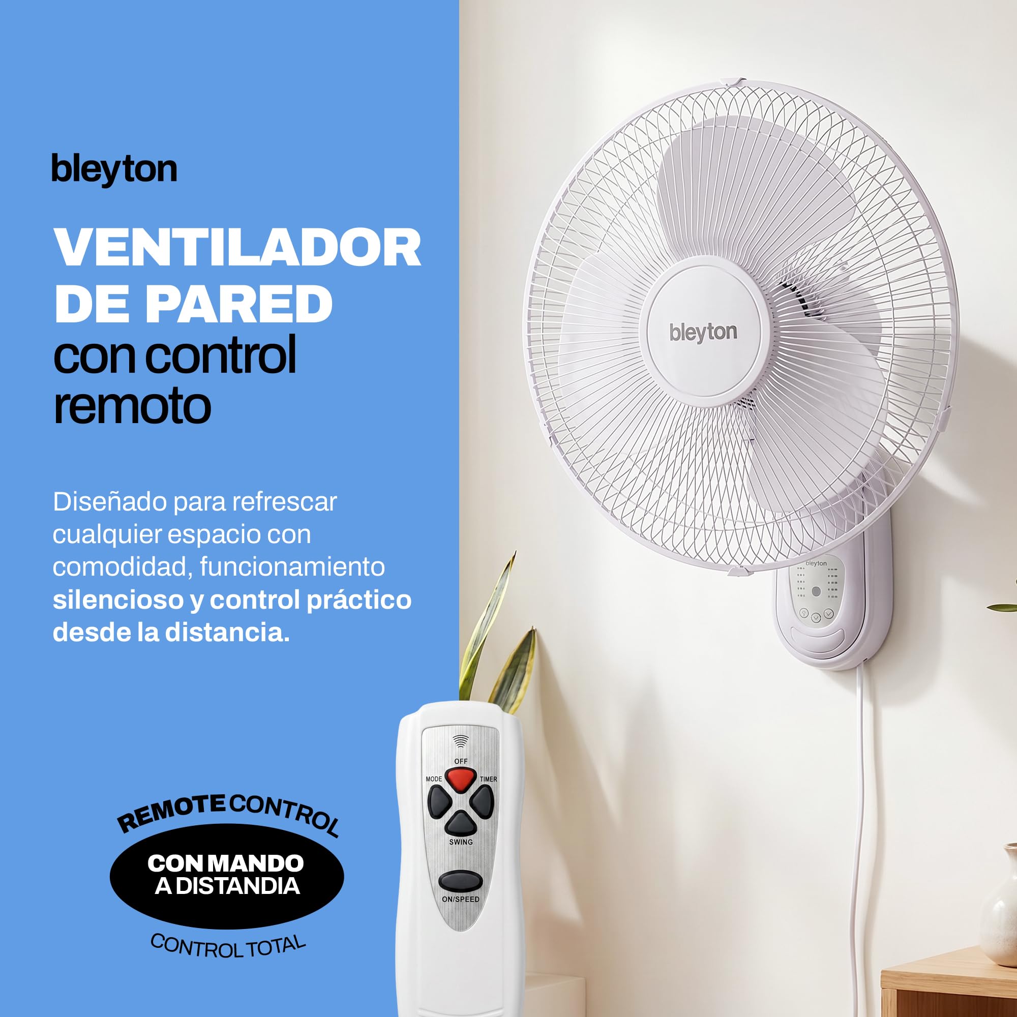 BLEYTON Shadow, Ventilatore da parete silenzioso con telecomando, 40 W, con telecomando, 3 velocità, timer e 3 modalità di funzionamento, oscillazione orizzontale a 180° e verticale