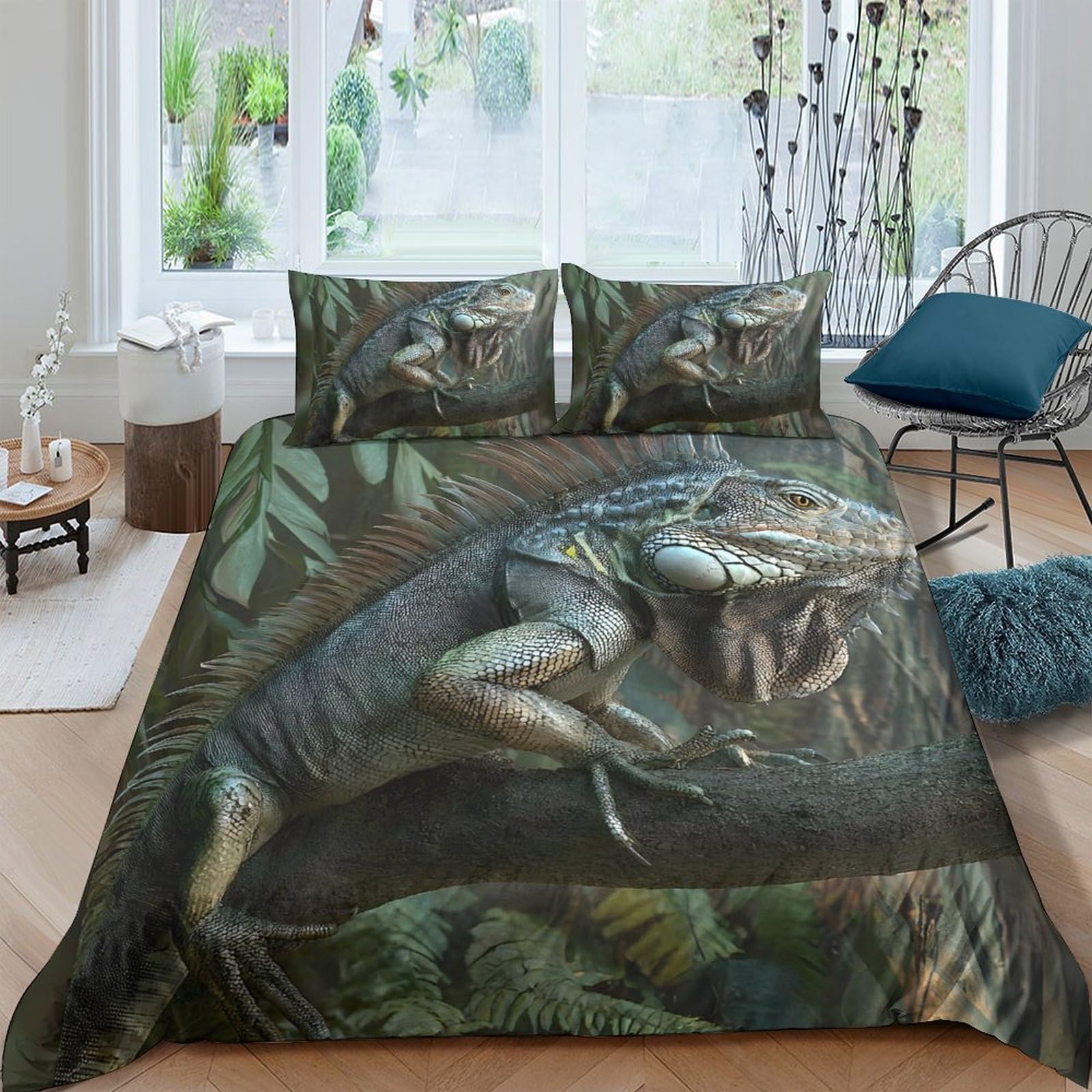 Ctjqhvkz Style-1 3D Printed Jungle Iguana Fitted Sheet Microfiber Soft Breathable Forest Lizard Bed Cover For Bedroom Decor Single（135X200cm）
