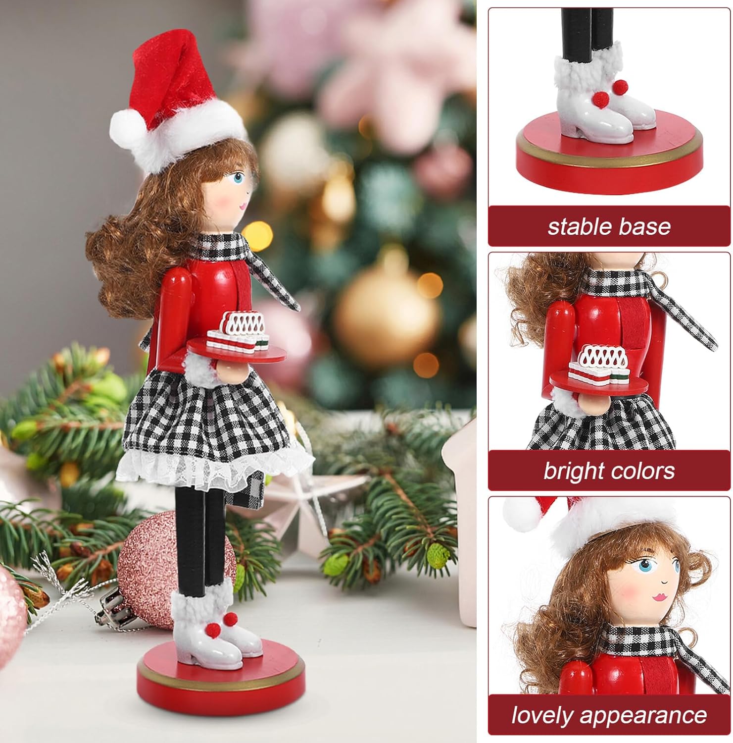 Christmas Nutcracker Figurine Wooden Lady Holding Dessert Nutcracker Ornament 38cm Tall Traditional Xmas Table Decoration for Indoor Holiday Décor