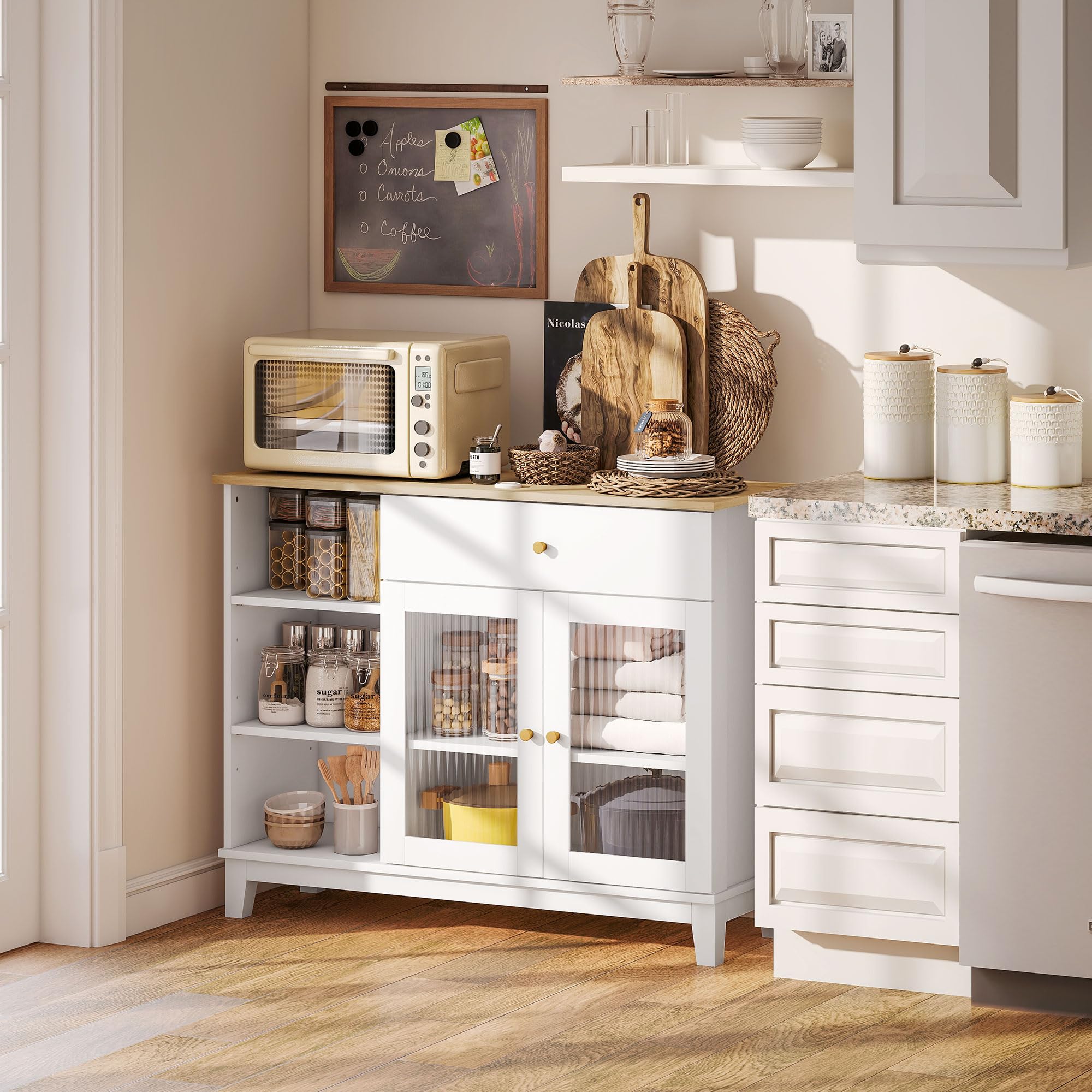 HOMCOM Aparador para Salón Moderno 2 Puertas Vidrio 100x35x80,3 cm Blanco | Vidrio Estriado, Cajón, Compartimentos Abiertos, Estantes Regulables, Aparador para Comedor y Entrada