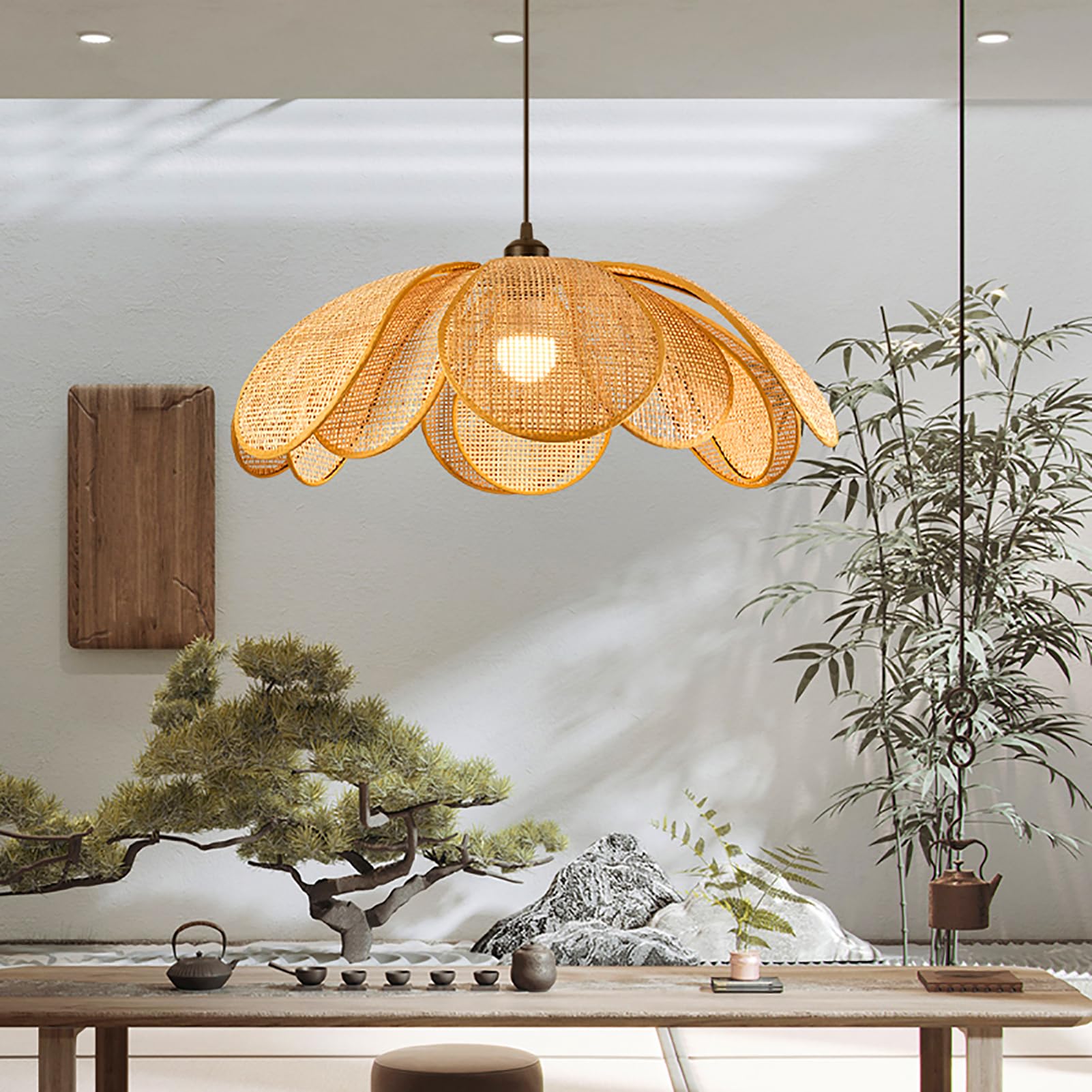 Suspension Boho Petal, Suspension en Rotin Tissé à La Main de Style Wabi-sabi, Lustres de Ferme pour îlot de Cuisine, Salle à Manger, Restaurant, Chambre à Coucher, D: 50cm/20inch