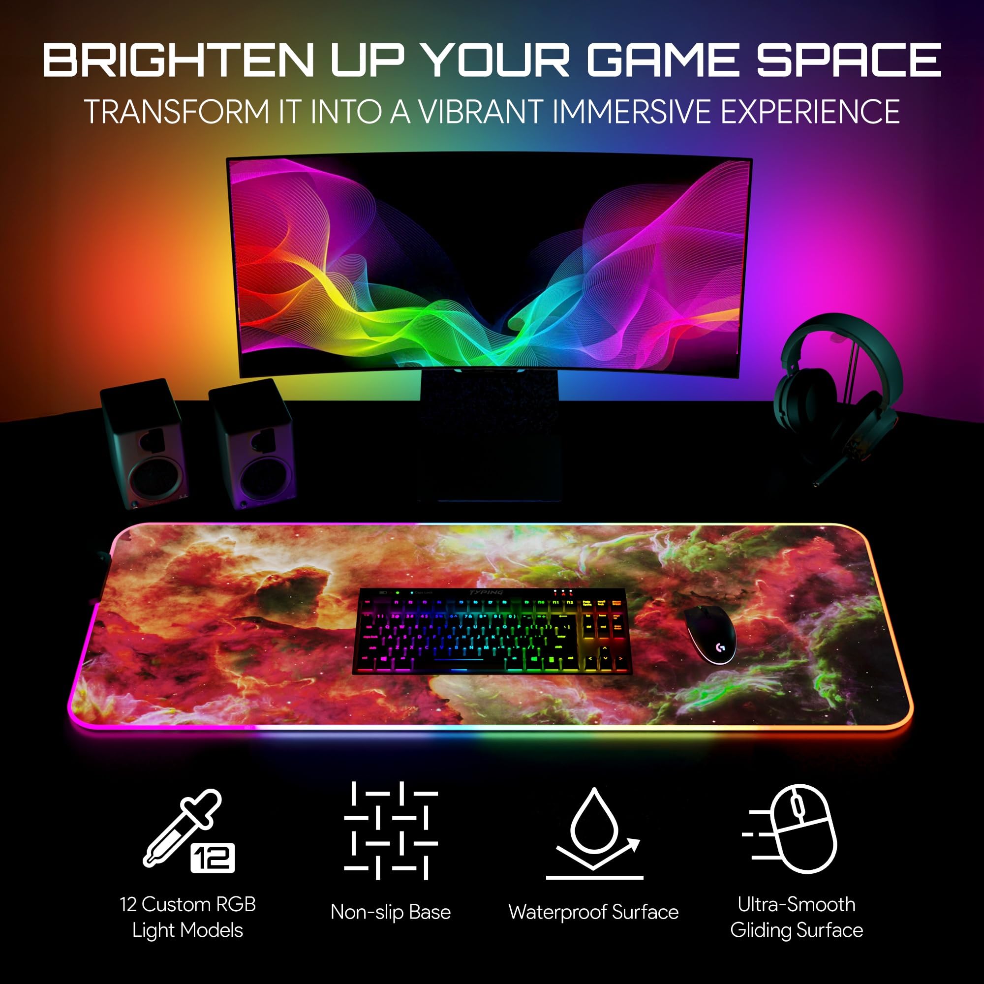 Gerlos Tapis de Souris de Jeu RVB, Grand Tapis de Bureau LED, 80 x 30 cm | 12 modes d'éclairage, base antidérapante, surface résistante à l'eau, bords cousus
