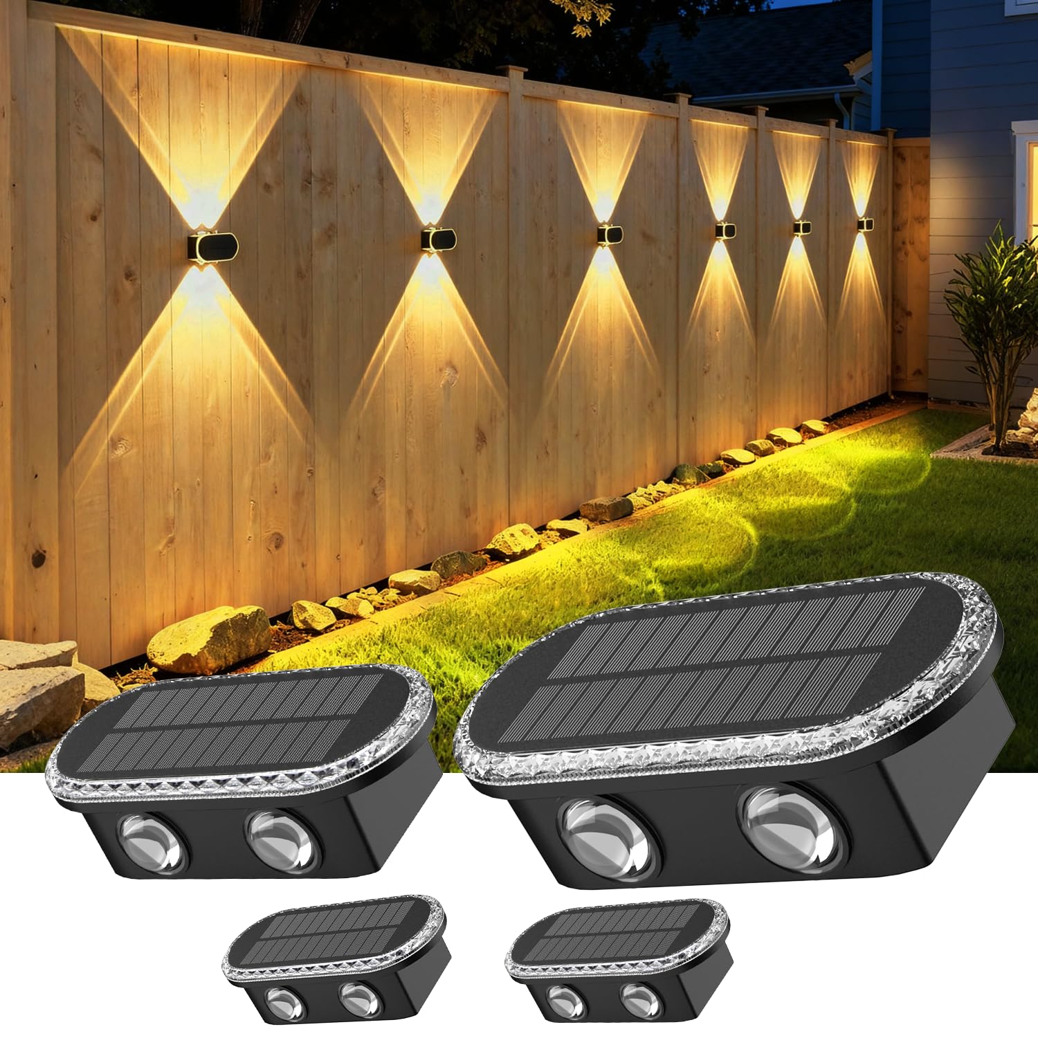 ELLASAY Solar Fence Lights Outdoor, 4-Pack Solar Up and Down Wall Lights with Dual LEDs, IP65 Waterproof & 3 Colour Modes with Crystal Cut Design, Garden Patio Pathway Decorations