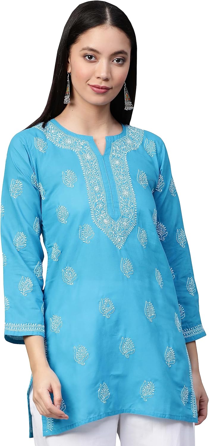 Ada Hand Embroidered Indian Clothing Chikankari Women's Cotton Top Tunic Shirt Kurti A210717