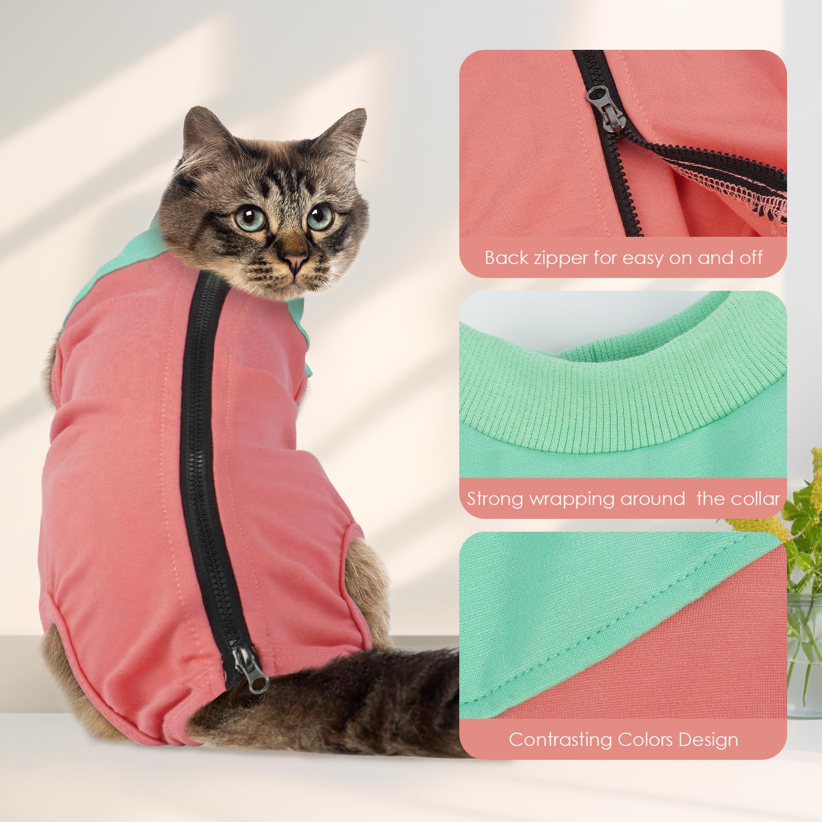 DENTRUN Cat Recovery Suit Sleeveless Cat Post Surgery Suit with Zipper Male Female Abdominal Wounds (Pink, S) - Image 3