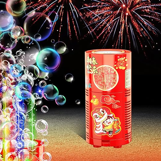 Feuerwerk Seifenblasenmaschine (13 Löcher mit 80ml Seifenblasenlösung), Automatischer Feuerwerk Seifenblasenhersteller mit Lichtern und abschaltbarem Sound für Kinder, Zeremonie, Weihnachten, Party