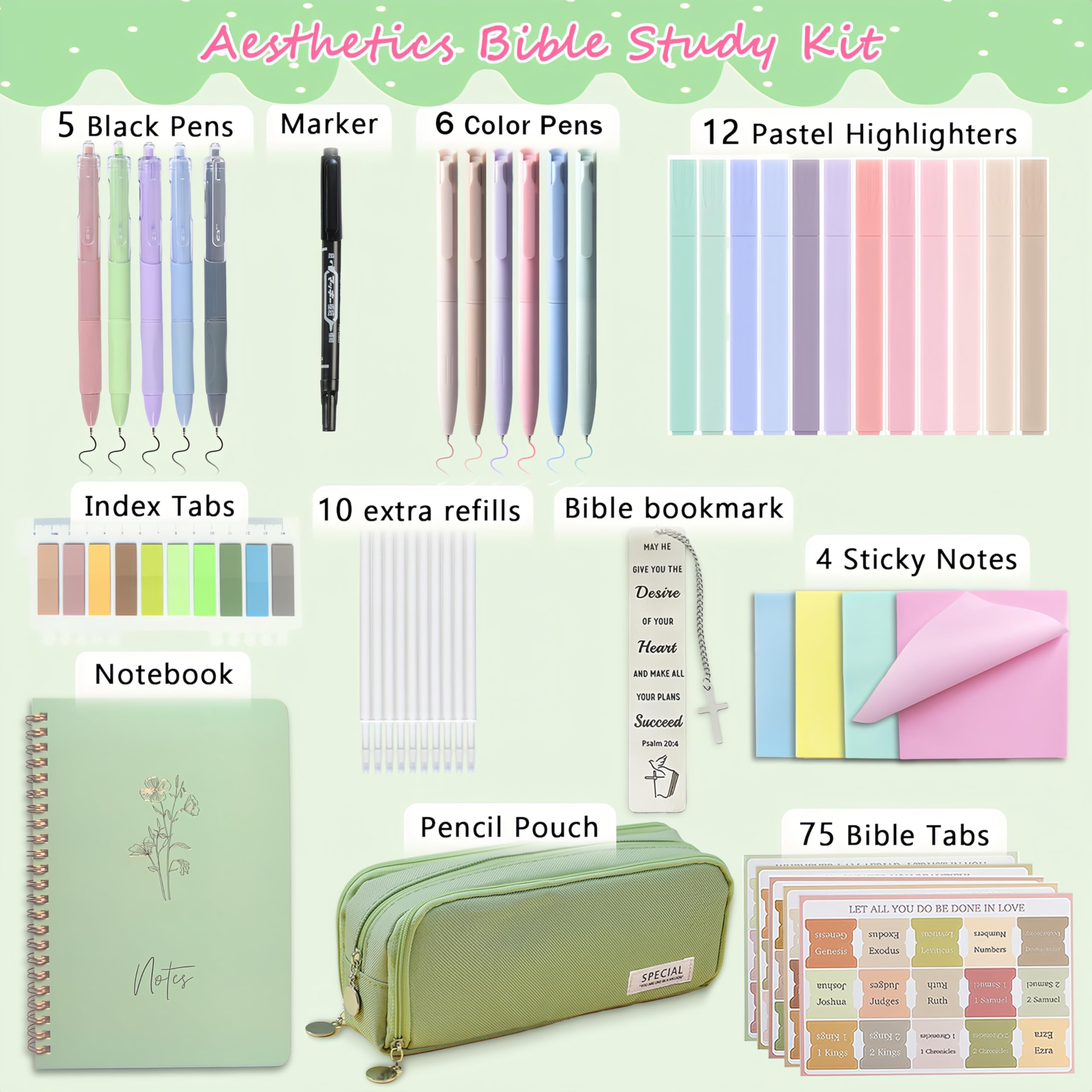 SHINYHARBOR Suministros de estudio bíblico para mujeres y estudiantes, kit bíblico de estudio, accesorios esenciales para el estudio escolar con estuche, bolígrafos y recambios, pestañas de la Biblia