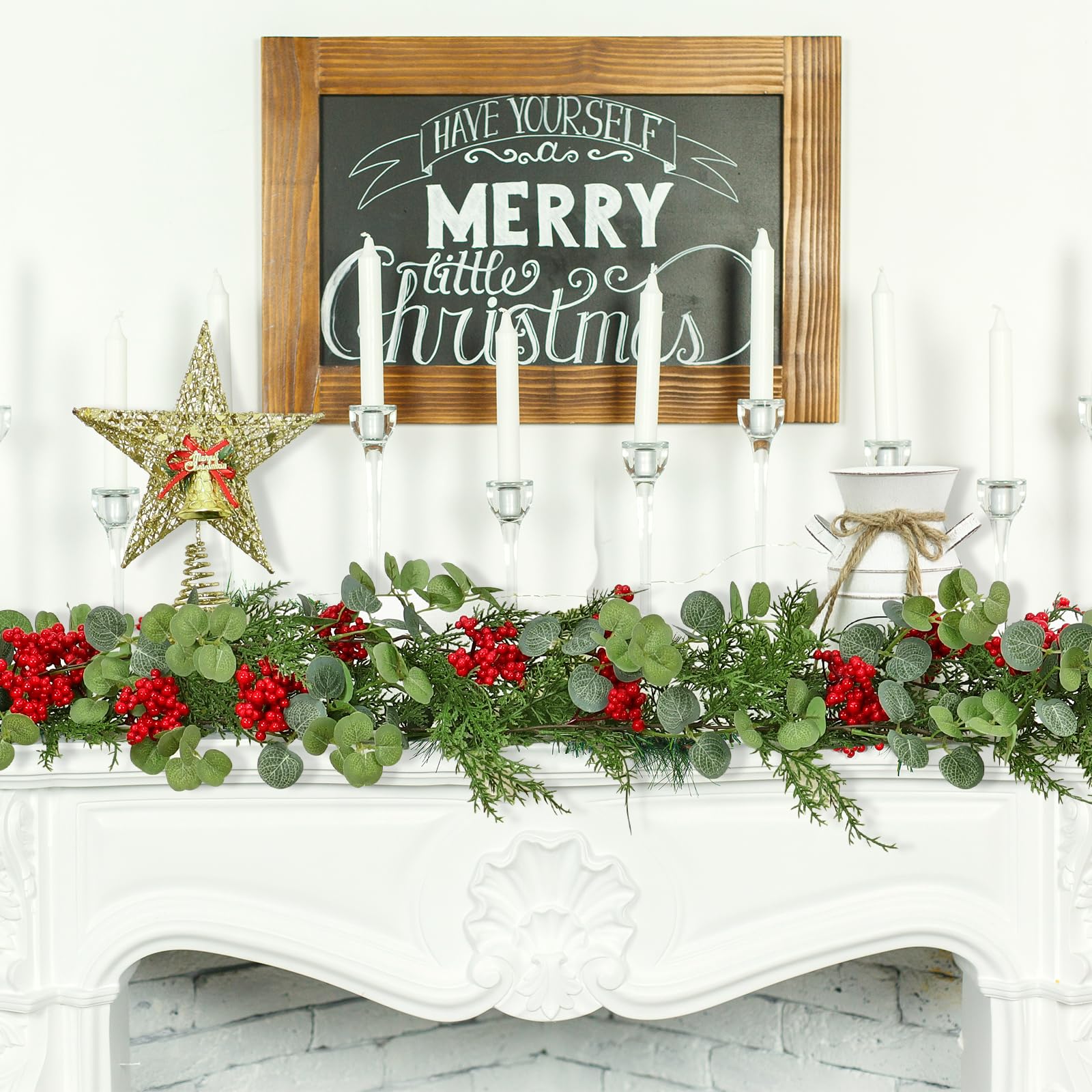 Guirlande de cèdre d'eucalyptus artificiel de 1,8 m avec baies rouges, faux cyprès de verdure pour cheminée, table, décoration de Noël d'hiver