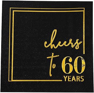 Cheers to 60 Years Cocktail Napkins - 50PK - 3-Ply 60th Birthday Napkins 5x5 Inches Disposable Party Napkins Paper Beverage Napkins for 60th Birthday Decorations Wedding Anniversary Black and Gold