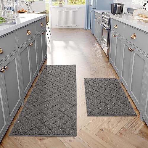 hicorfe Juego de alfombras y tapetes de cocina, 2 piezas de polipropileno súper absorbente, tapete antideslizante de polipropileno suave, cómodo,