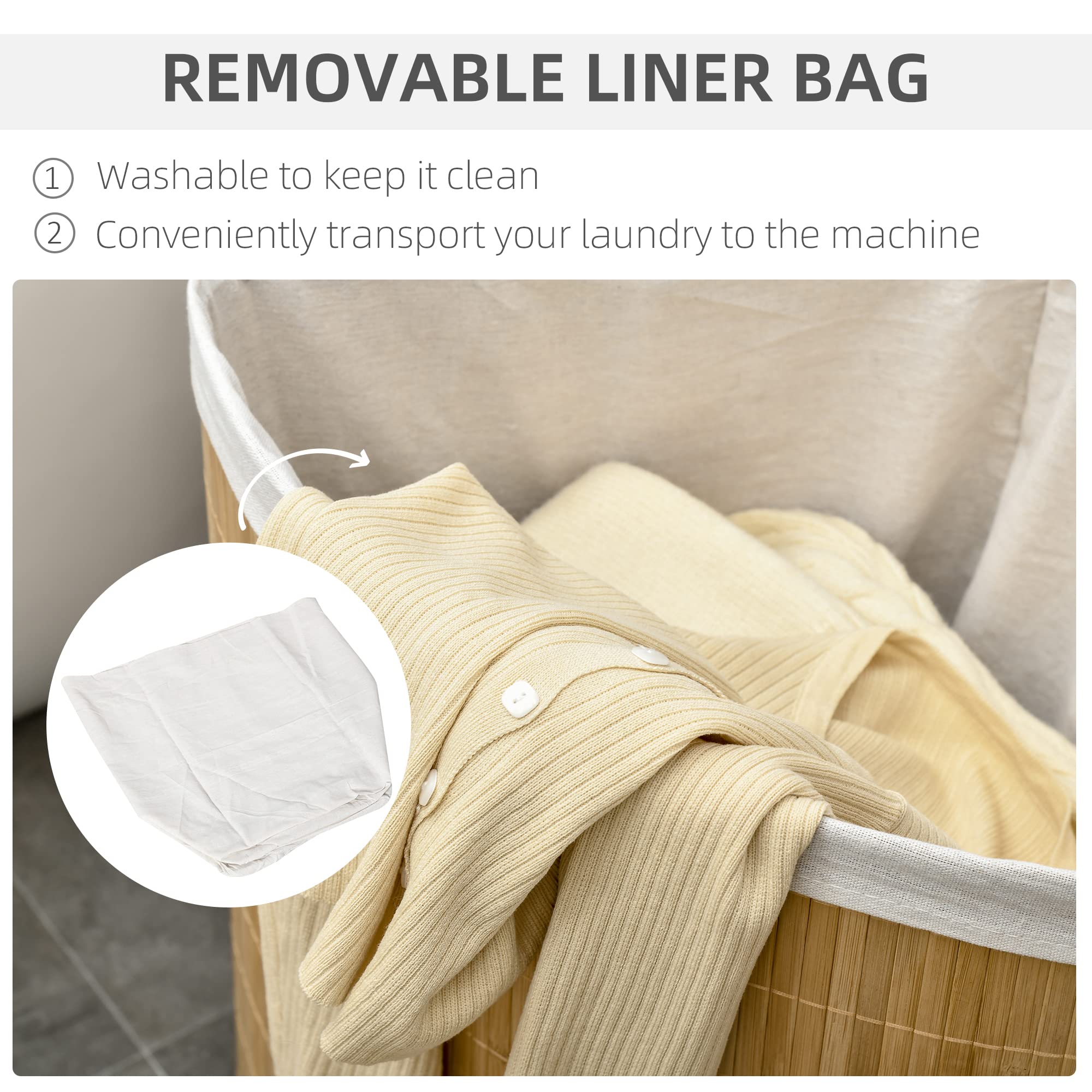 HOMCOM Cestos para Ropa Sucia Bambú 55L Cesta Colada Abanico Tapa Bolsa Extraíble 38x38x57 cm