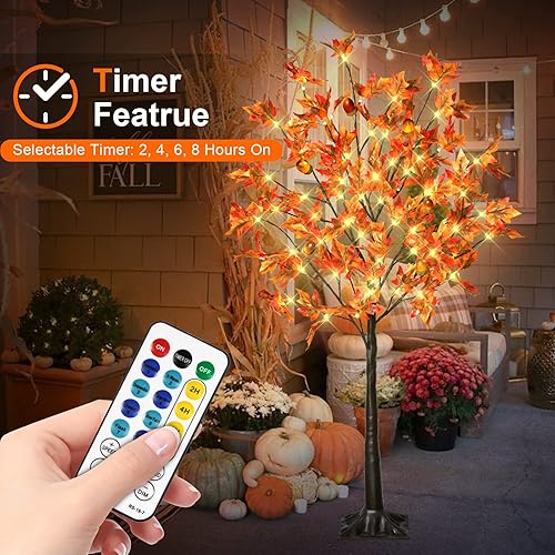 Miniatura 5 de Árbol de arce iluminado de 4 pies con 60 luces LED - Árbol artificial para decoración de otoño y Acción de Gracias con 6 bellotas, 120 hojas,