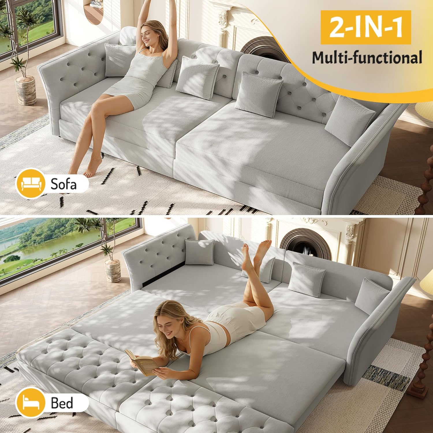 100'' Pull Out Couch King Size, Velvet Sleeper Sofa with Flower-Tuffed Back, Chesterfield Convertible Futon Sofa Bed, 4 Pillows, 4-Seater Deep Couches for Living Room, Small Spaces, Grey
