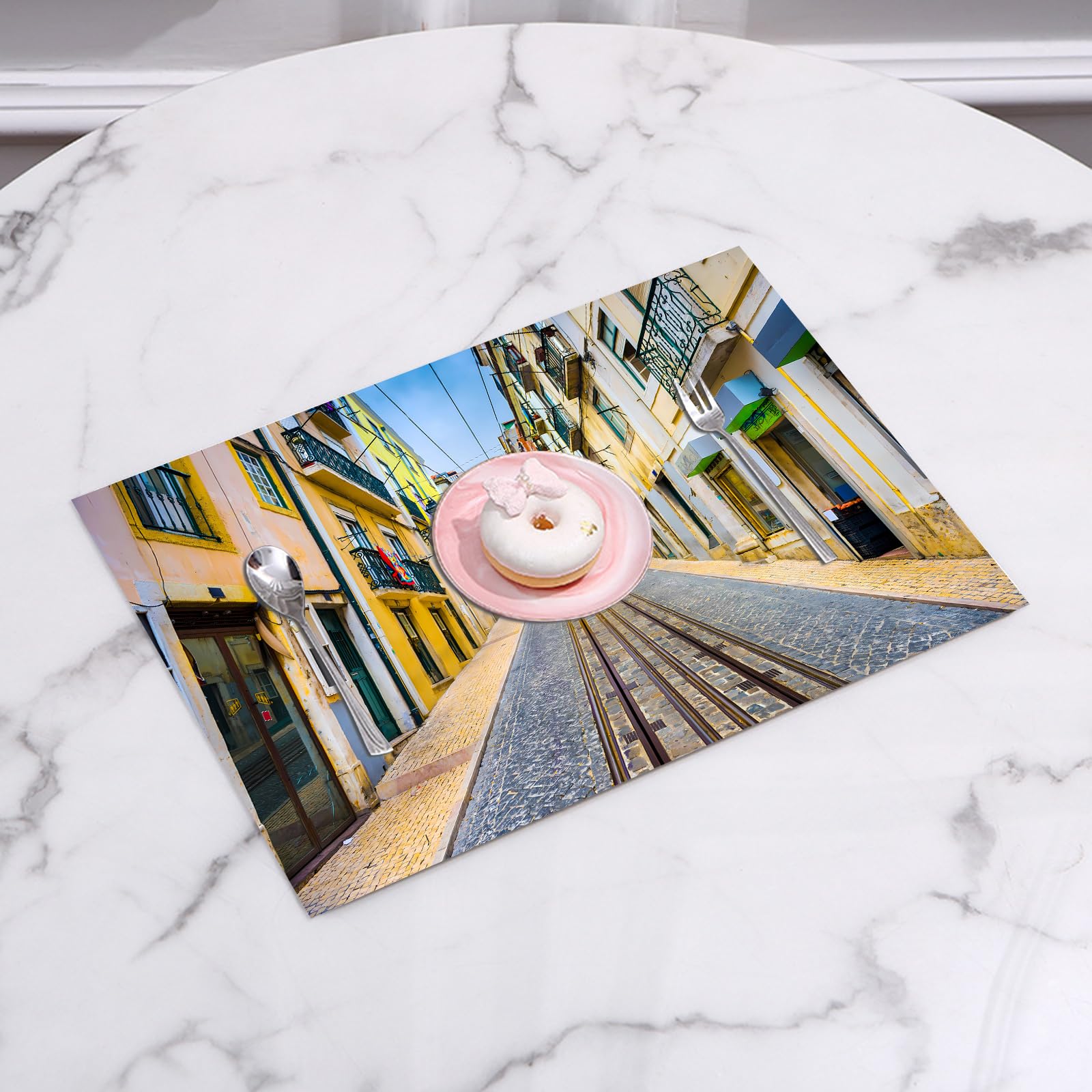 QRFASFZO Table Mats Set of 6, Place Mats Table Placemats Washable Non-slip Heat Insulation Woven Vinyl for,Lisbon Portugal old town streets and tram.,12x18 in