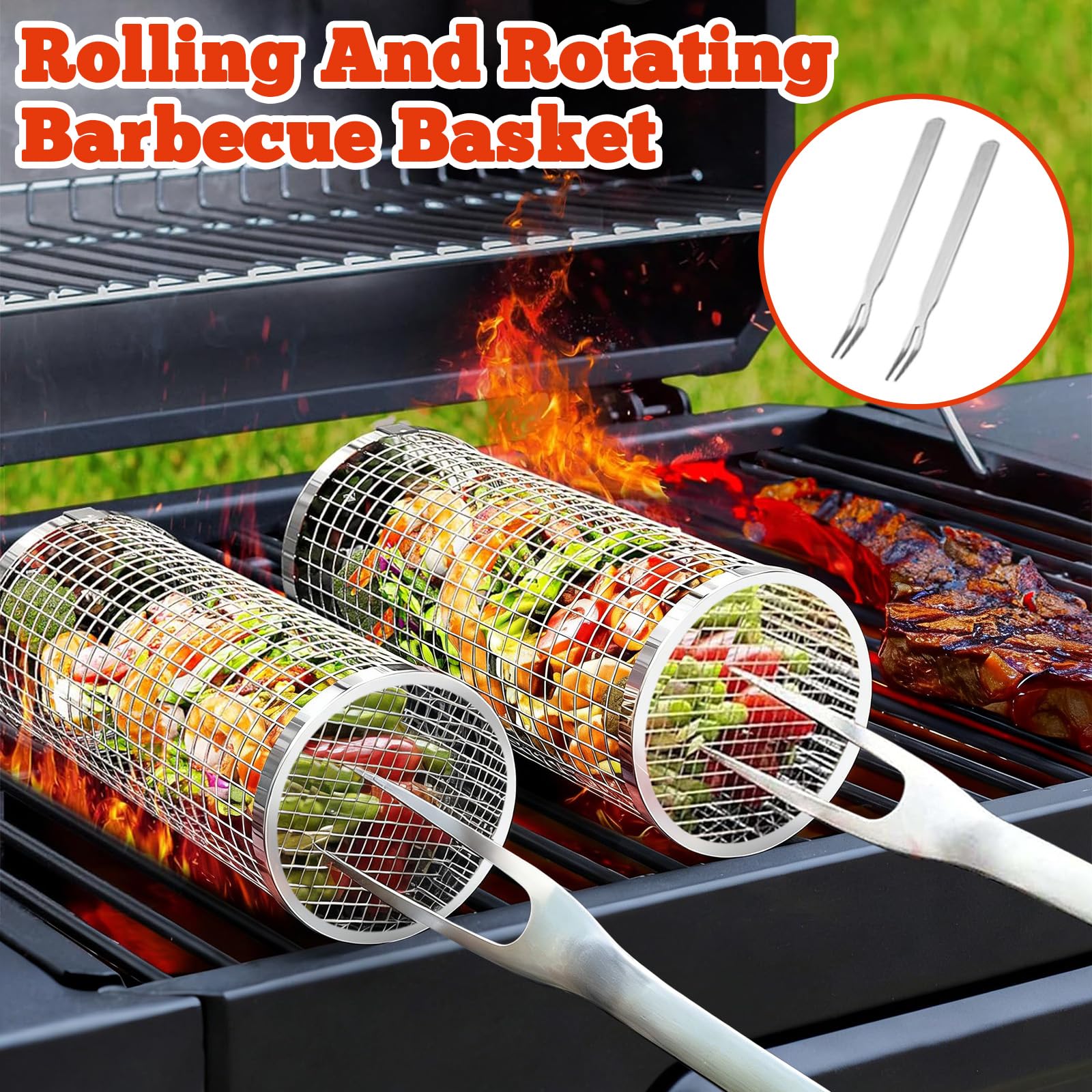 Panier à Griller Roulant 2 Pièces, Acier Inoxydable 304 avec Support & Brosse, pour Légumes, Frites, Poisson, Accessoires Grill pour Extérieur Camping Jardin, Cadeau Homme ou Papa