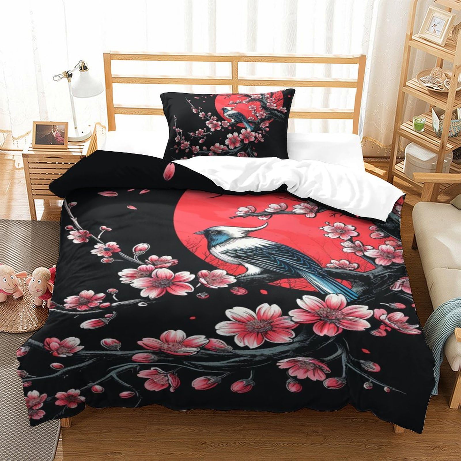 Parure de lit fleurs de cerisier 135x200 cm en microfibre douce avec 2 taies d'oreiller pour enfant