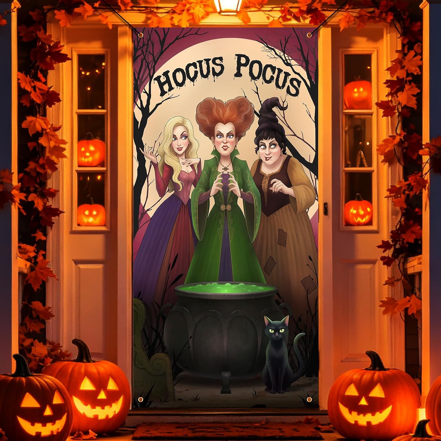 Halloween Door Cover Hocus Pocus Decorations , Witch Sisters Black Cat Halloween Door Banner for Party Photo Background, Moon and Witch's Cauldron Decorations for Front Door, Indoor Wall, Window & Haunted House Porch Decor