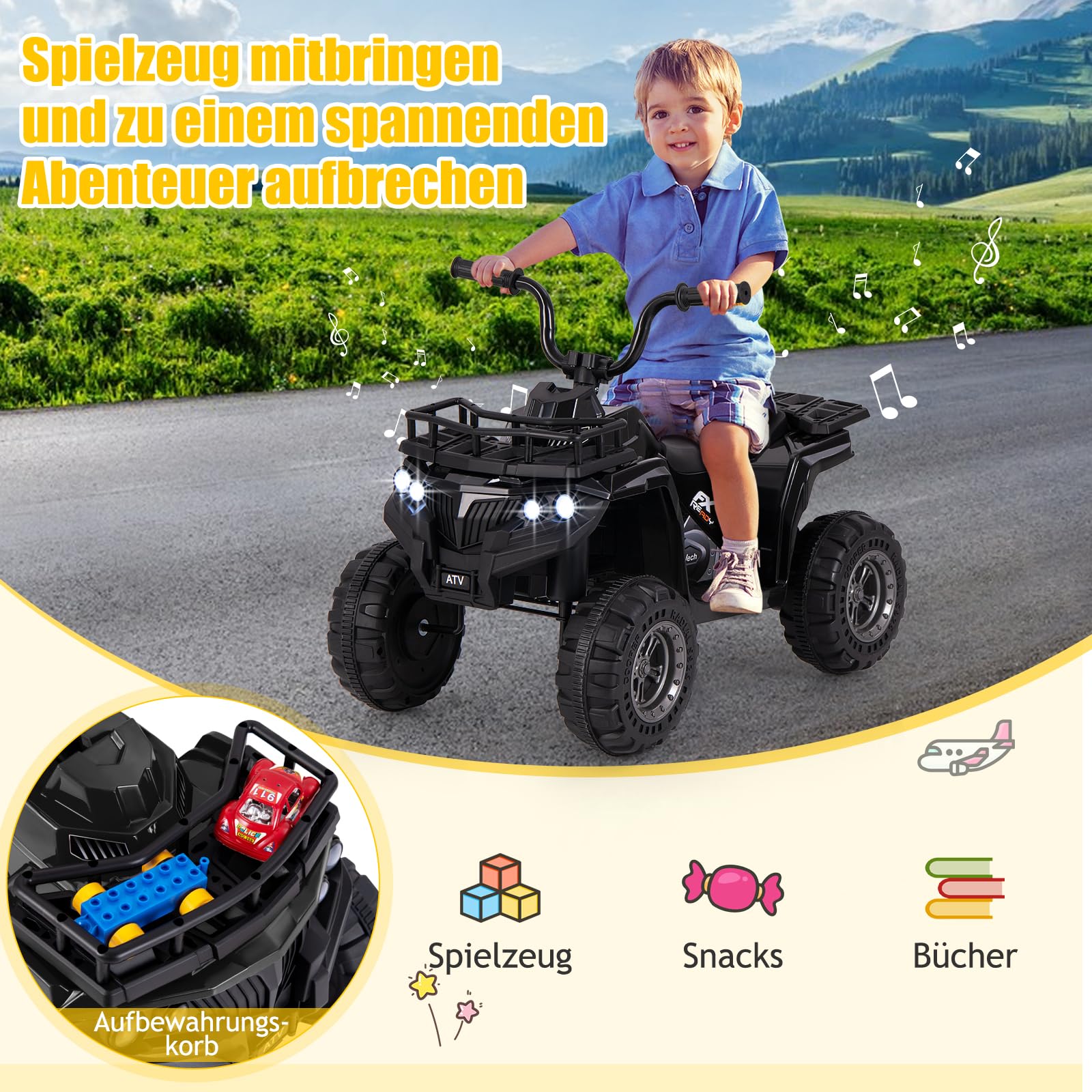 COSTWAY 6V Kinder Quad Elektro, Kinderquad mit Vorwärts-, Rückwärtsfunktion, Elektroquad mit LED-Scheinwerfern, Aufbewahrungskorb & Musik, Elektroauto ATV für Kinder ab 2 Jahren (Schwarz)