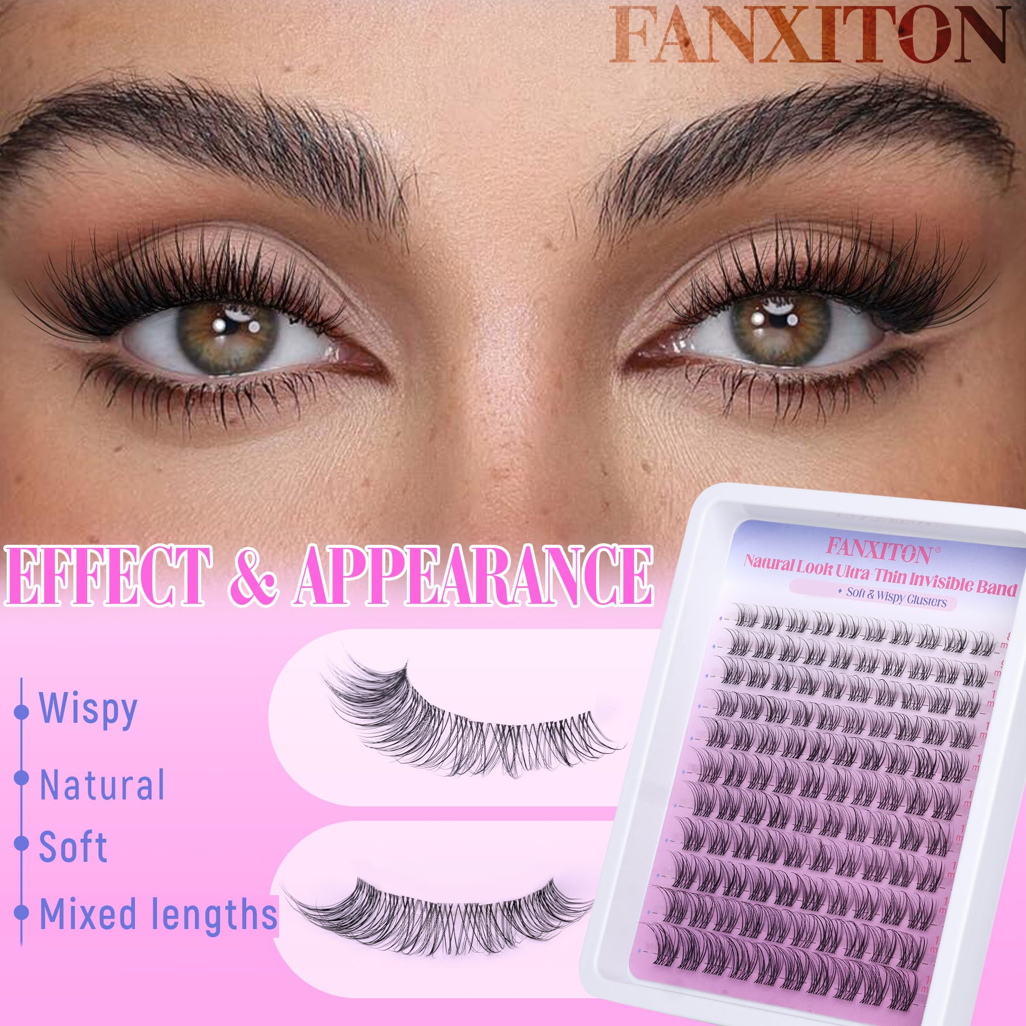 FANXITON DIY Individual Eyelash Extension Kit, Thick Volume Lash Clusters 40D+50D D Curvature, 280 Pieces Thin Band Cluster Lashes with Bond and Seal Tweezers