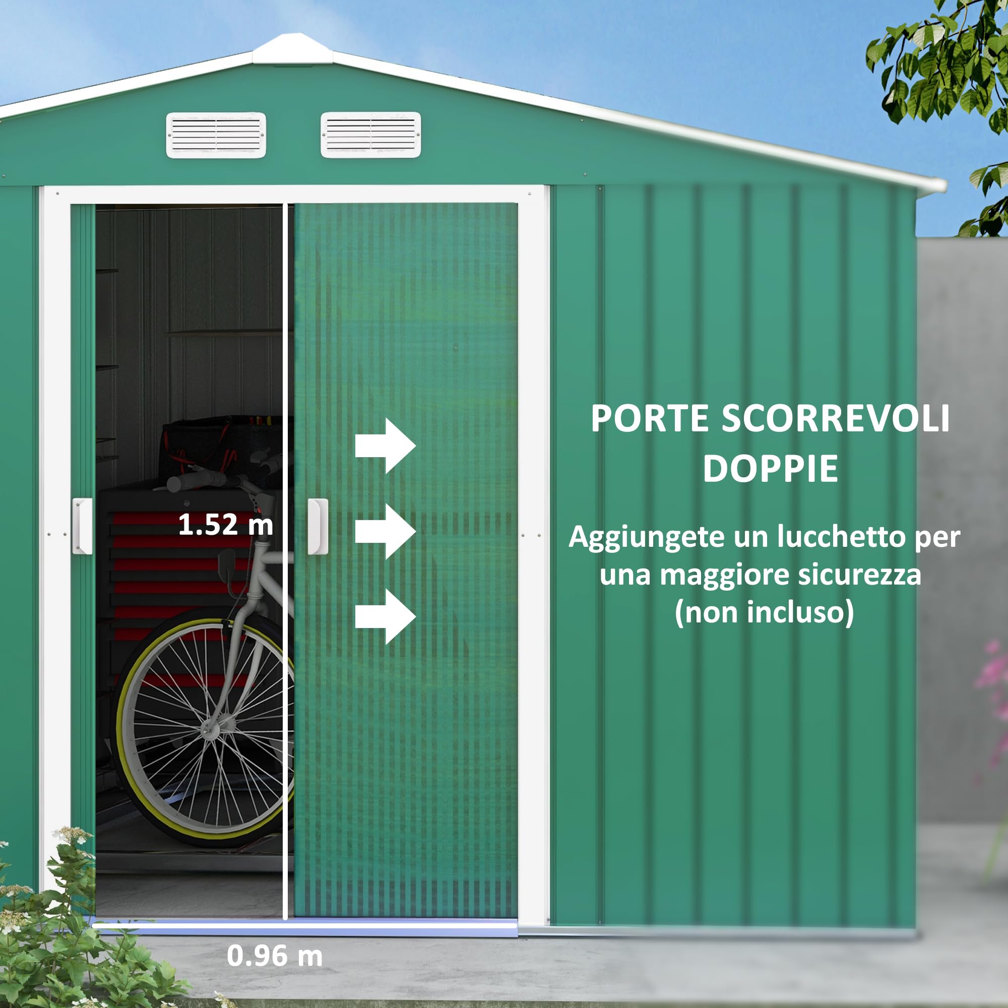 Outsunny Casetta da Giardino 4.9 m² Lamiera d'Acciaio 277x195x192 cm Verde Scuro