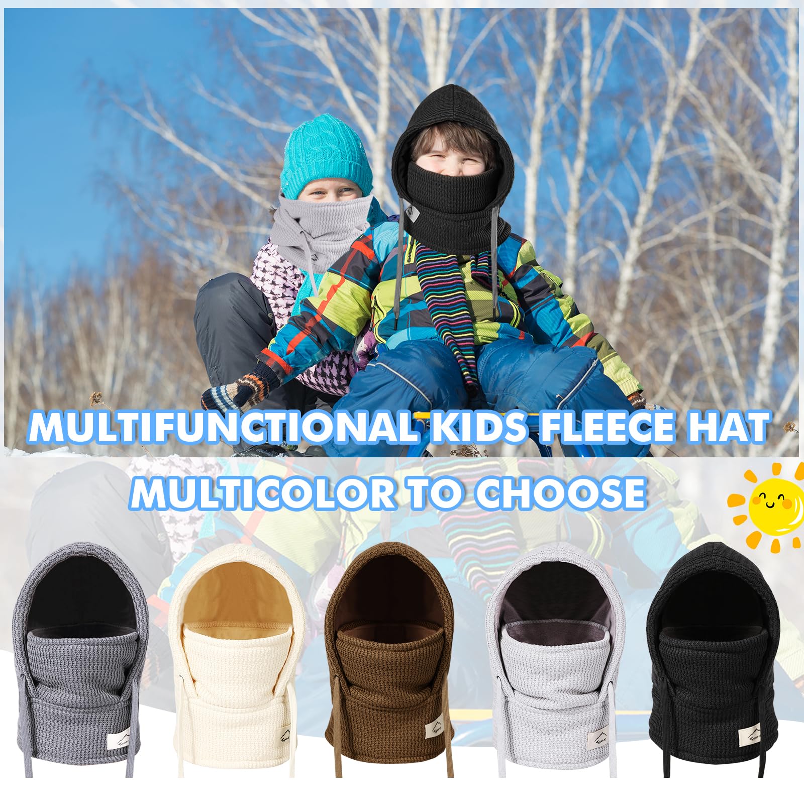 Cagoule d'hiver Thermique pour Enfants 4-10Ans, Multifonction Coupe-Vent Masque de Ski, Bonnet Tricoté Doublure Polaire Chaude Casquette Cache-Cou Tour de Cou écharpe Garçons Filles Plein Air