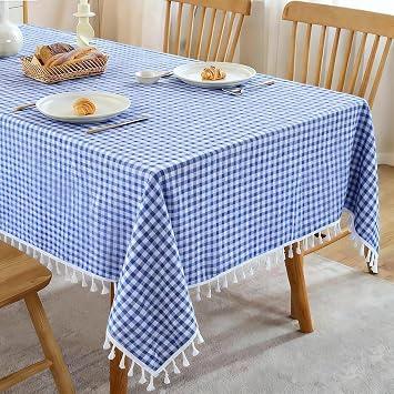 2 Packs Blue Gingham Checkered Tablecloths Table Cloth 55x71 inch Rectangular Tablecloth Tassel Decoration Table Cover Suitable for Pastoral Style Table, Dining, Tabletop Decoration(140x180cm)