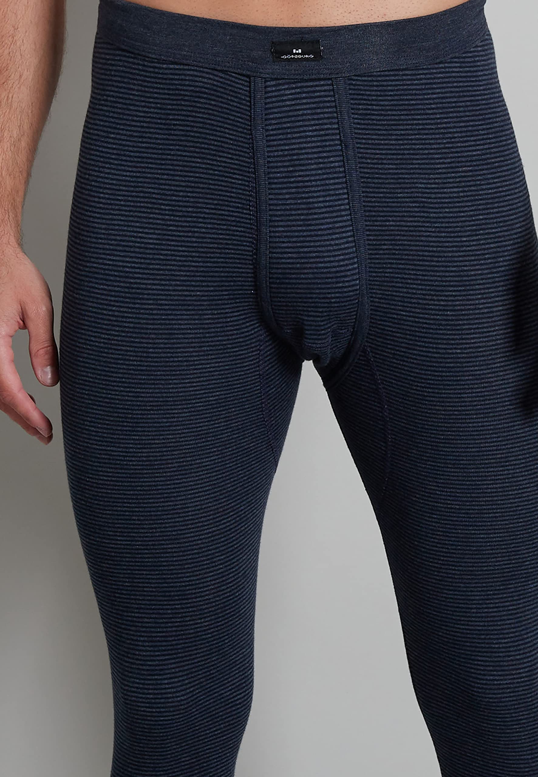 Götzburg Herren Premium lange Unterhose, Baumwolle, Feinripp, blau, gestreift, mit Bündchen, mit Eingriff
