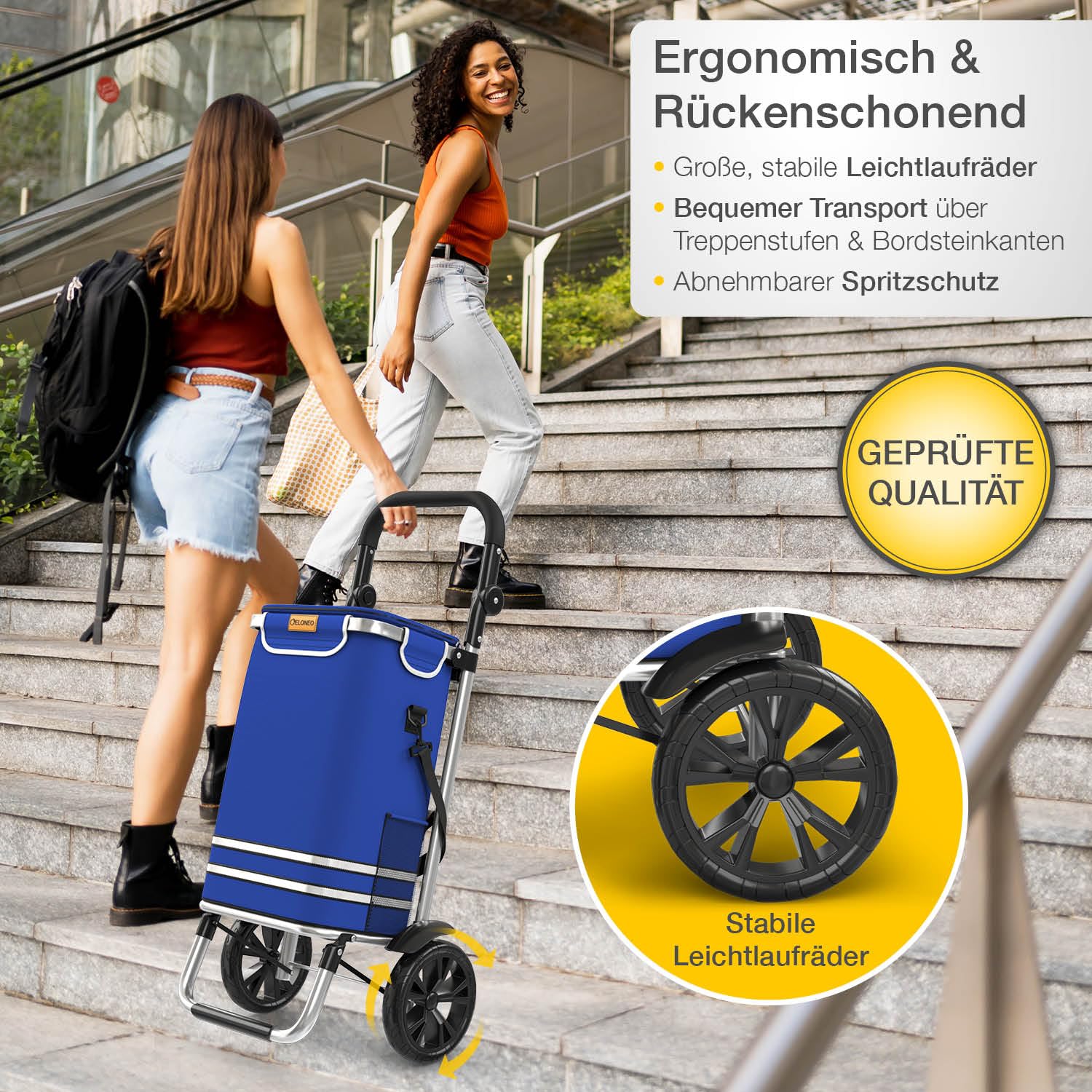 ELONEO Einkaufstrolley klappbar, Einkaufswagen mit Kühlfach, 3in1 Trolley, Sackkarre & Umhängetasche, Einkaufsrollwagen, Shopping Trolley 56L Kapazität & Einkaufschip, Hackenporsche Blau