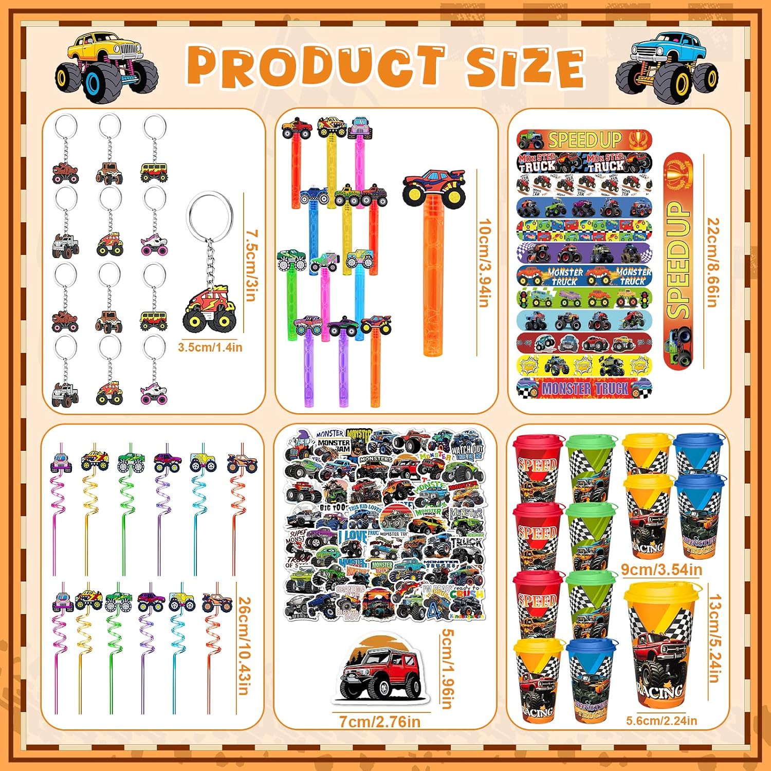 110 Pcs Monster Truck Party Favors Set Include Monster Truck Cups Reusable Drinking Straws Bubble Wands Slap Bracelets Keychain Mini Stickers for Back to School Goodie Bag Stuffer Pinata Filler Gifts