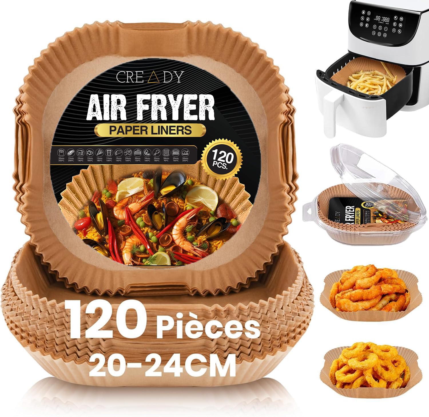 CREADY Papier Premium pour Air Fryer Extra Épais - 100 Feuilles Rectangulaires 20-24CM