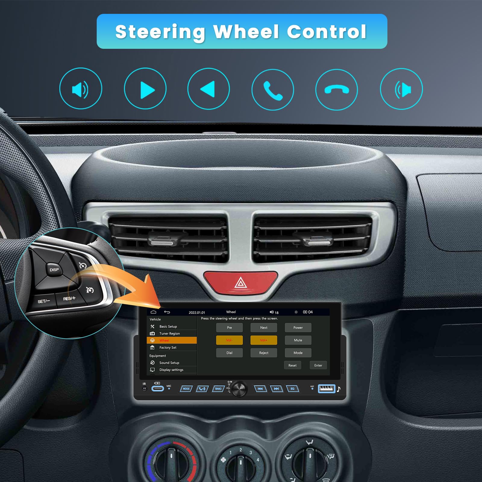 Inefala radio samochodowe Bluetooth 1 DIN z bezprzewodową funkcją CarPlay i Android Auto, radio 1 DIN z ekranem 6,9 cali, Mirror Link, radio FM, USB, Typ-C, SWC, EQ, kamera cofania, mikrofon