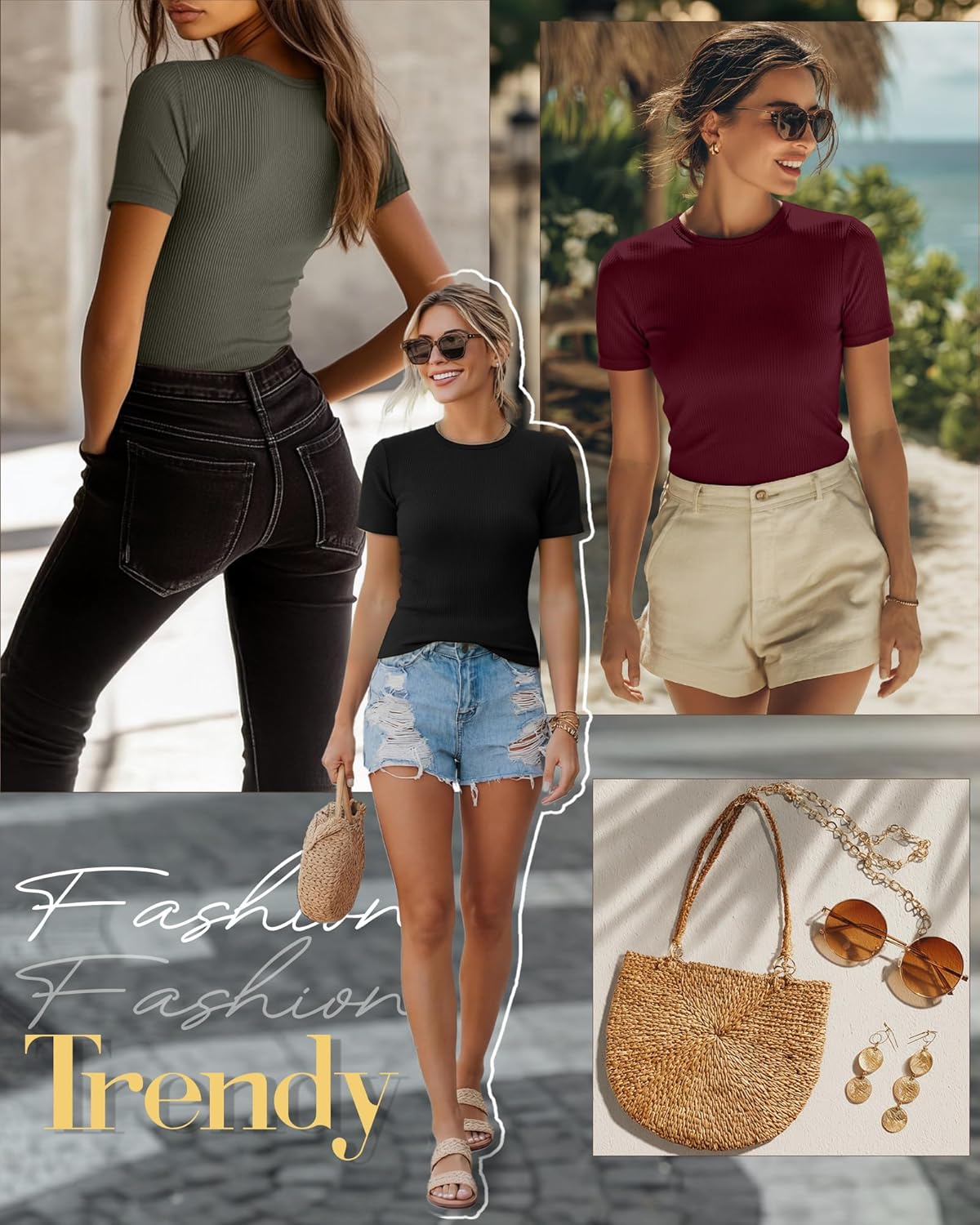 Ficerd 3 Pack Women's Ribbed T-Shirts, Cotton Short Sleeve Basic Tees Crewneck Fitted Tops Casual Shirts 2026 Summer Trendy - Image 3